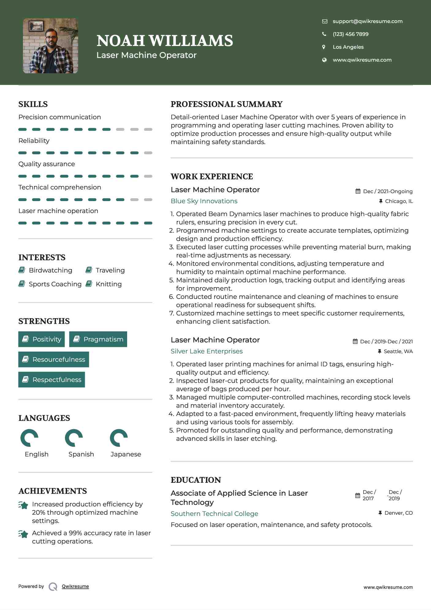Laser Machine Operator Resume Example