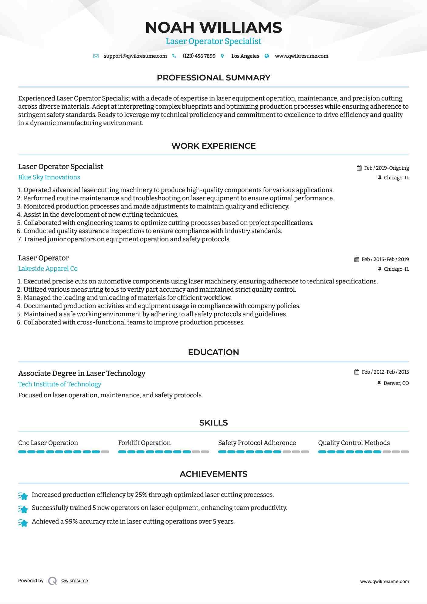 Laser Operator Specialist Resume Model