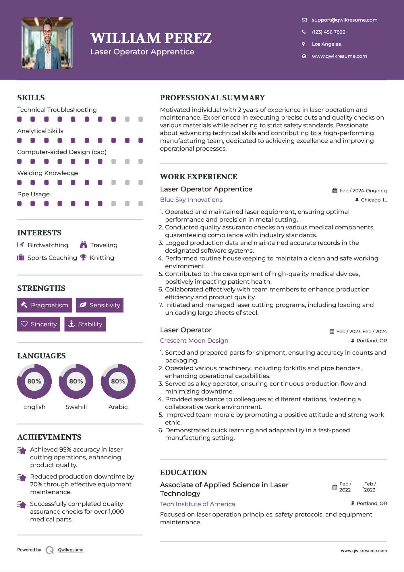 Laser Operator Apprentice Resume Sample