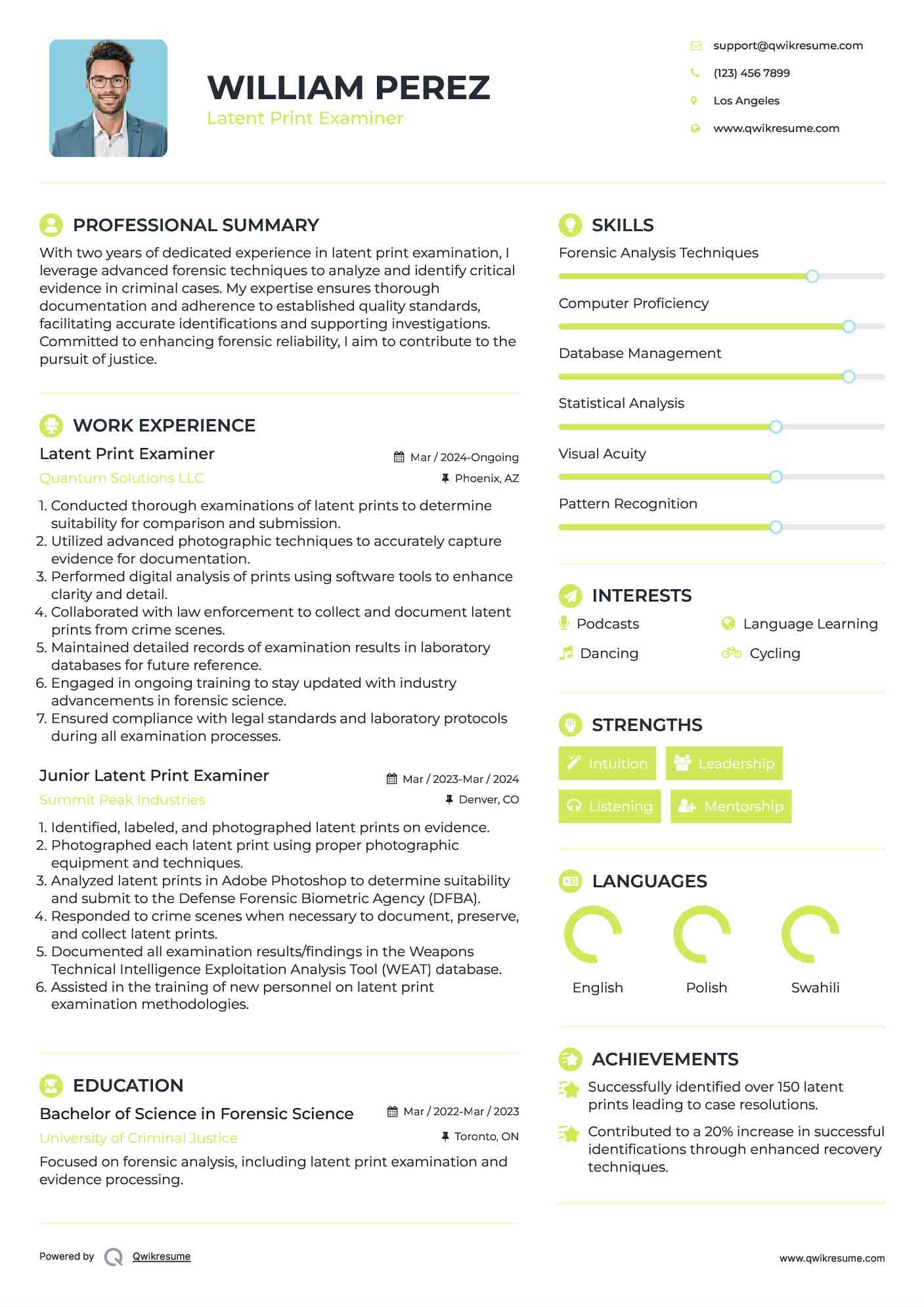 Latent Print Examiner Resume Example
