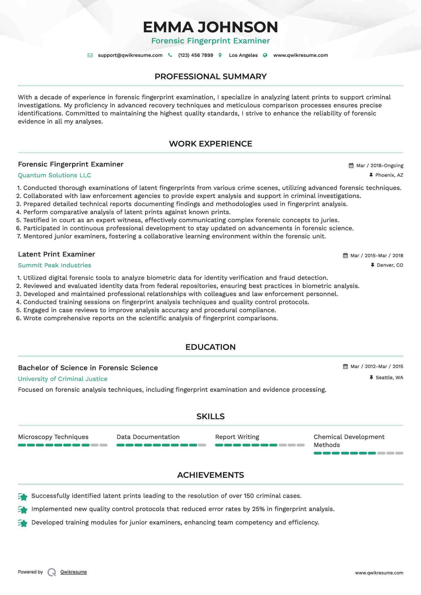 Forensic Fingerprint Examiner Resume Sample