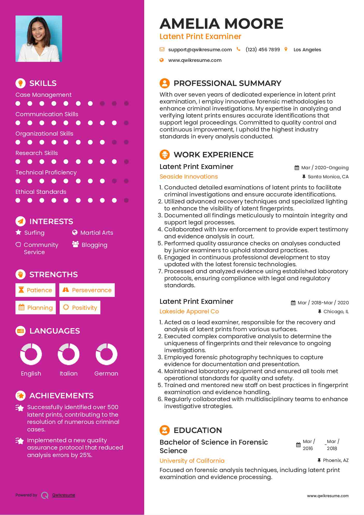 Latent Print Examiner Resume Sample