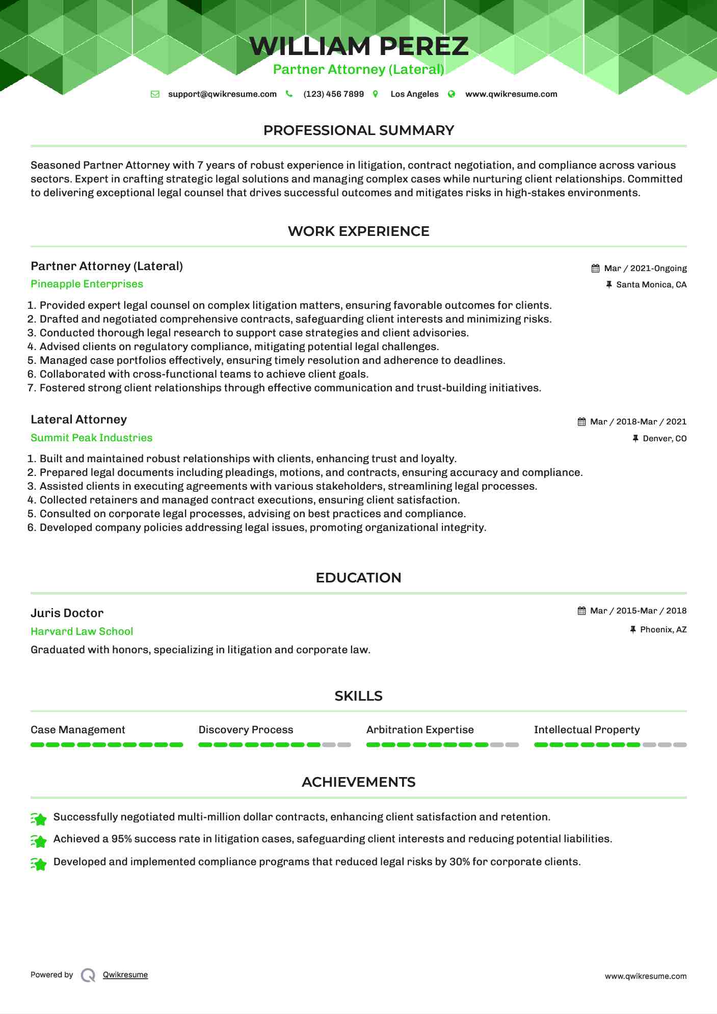 Partner Attorney (Lateral) Resume Format