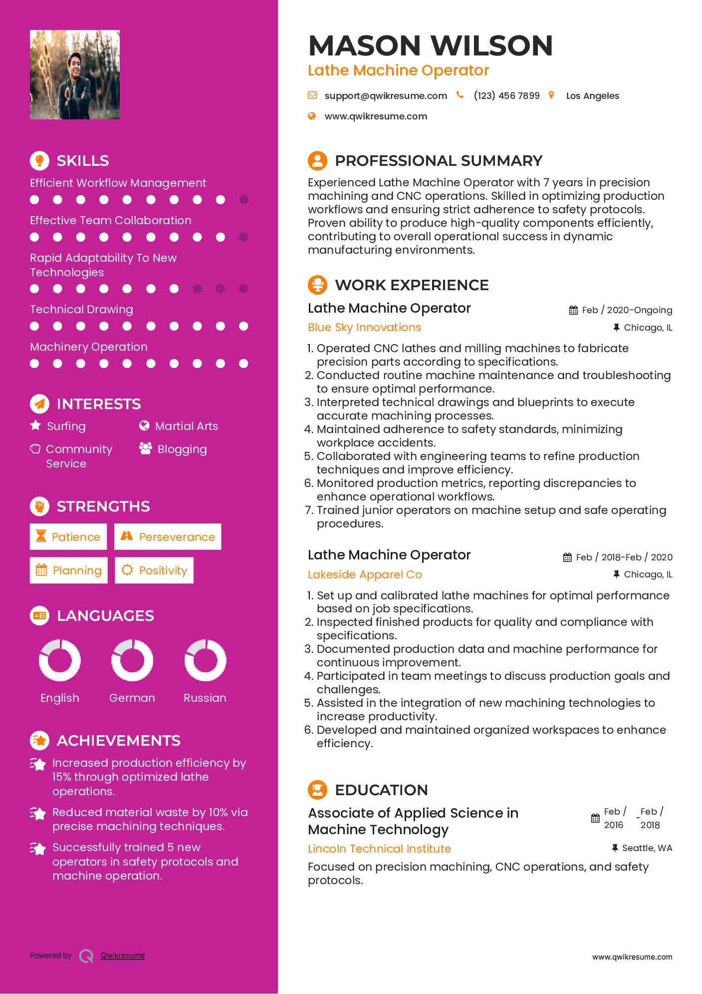 Lathe Machine Operator Resume Example