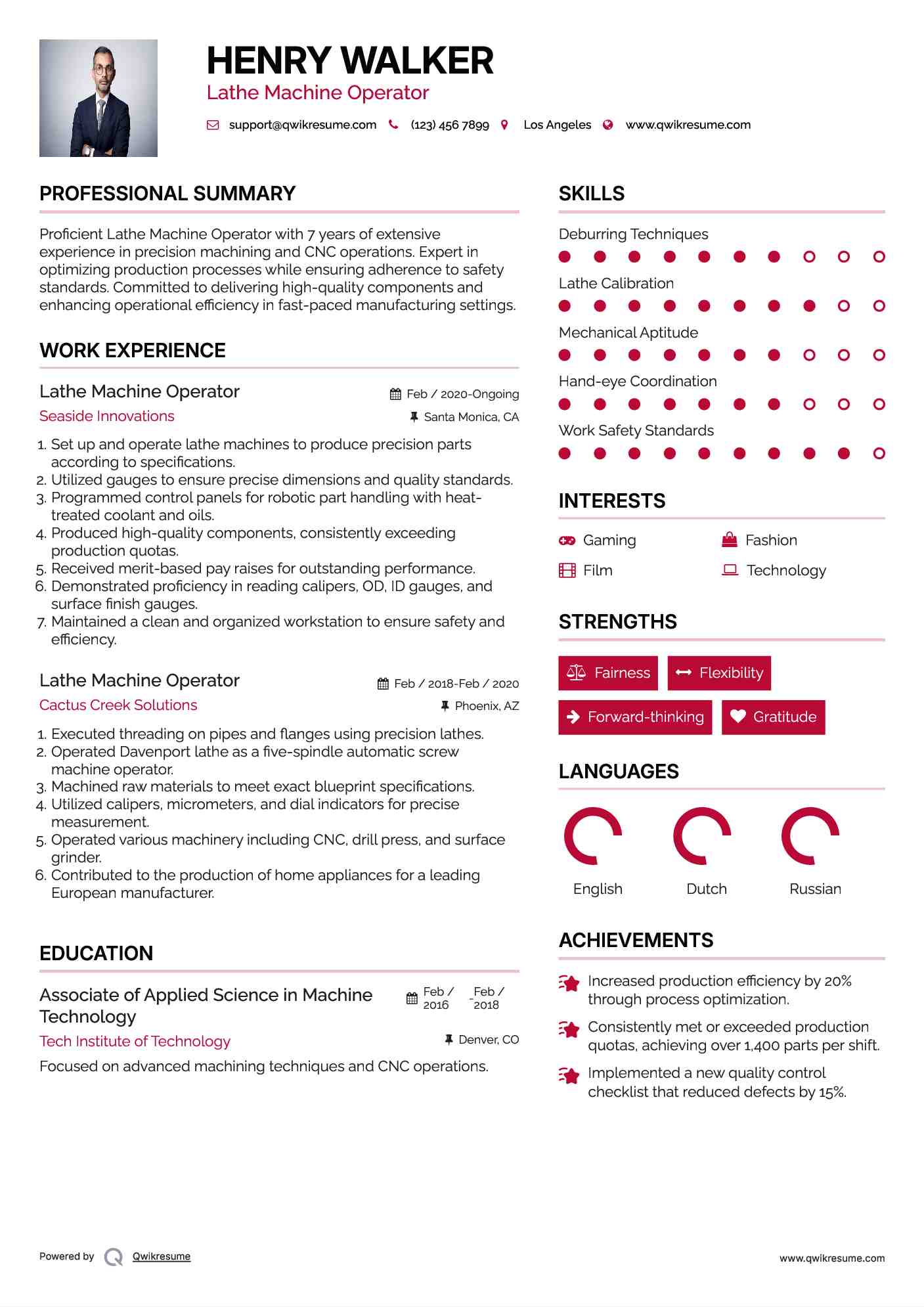 Lathe Machine Operator Resume Example