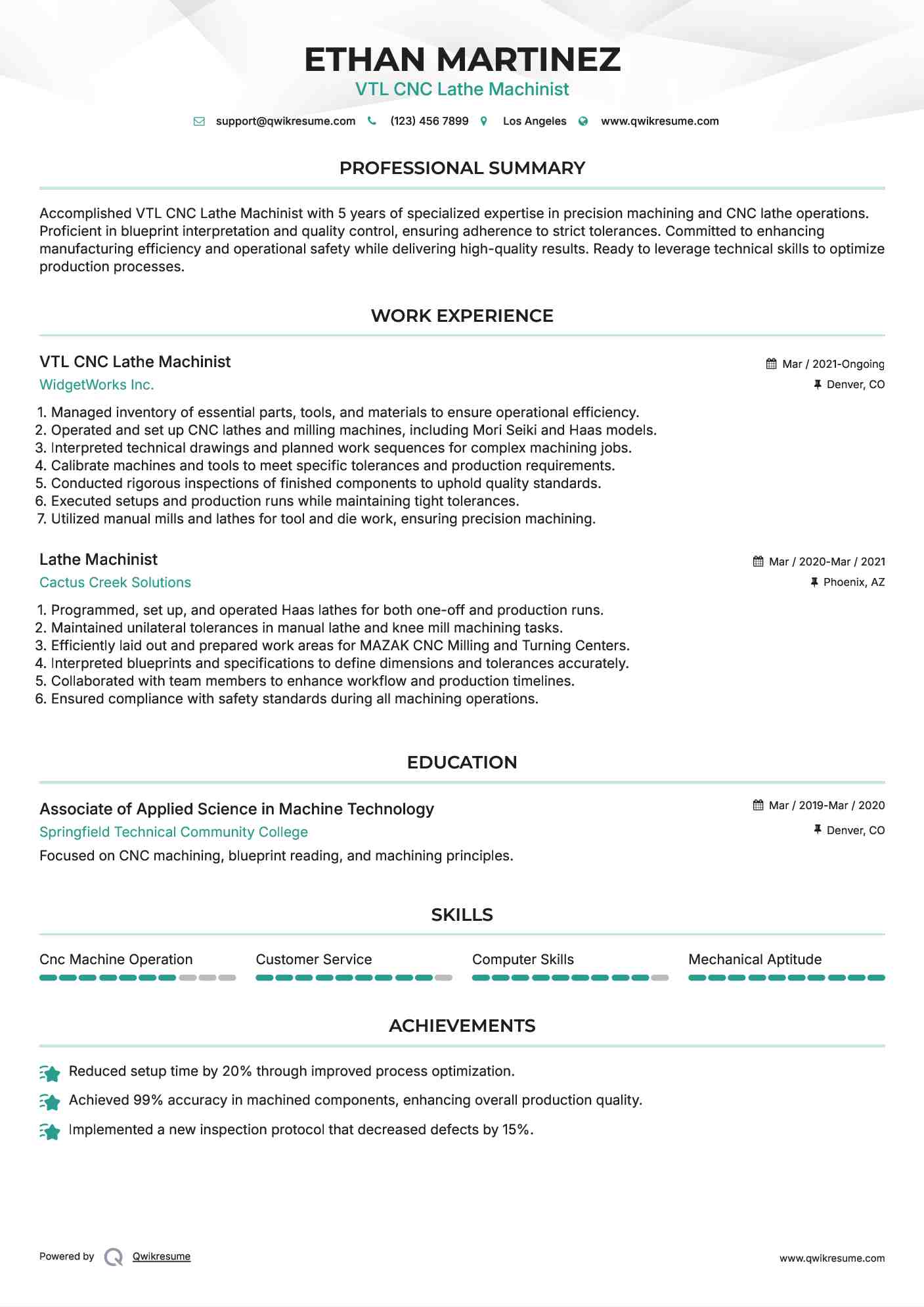 VTL CNC Lathe Machinist
 Resume Model