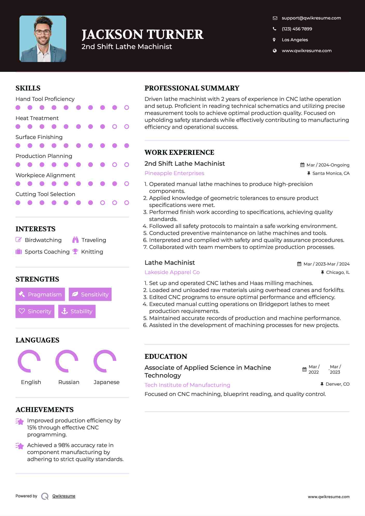 2nd Shift Lathe Machinist
 Resume Example