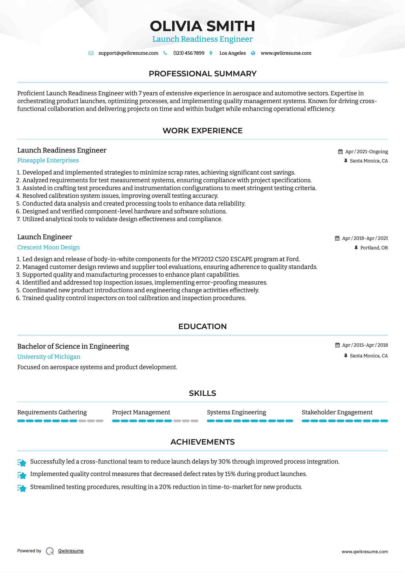 Launch Readiness Engineer Resume Sample
