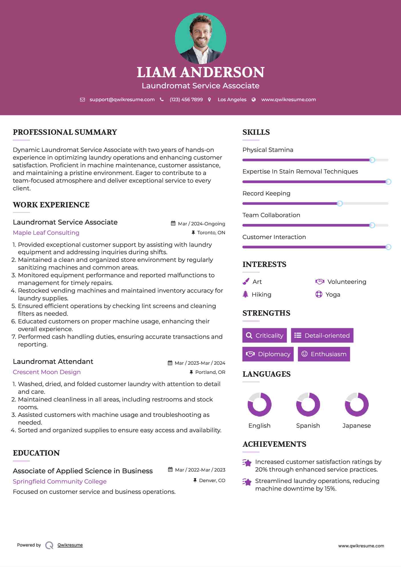 Laundromat Attendant Resume Samples QwikResume