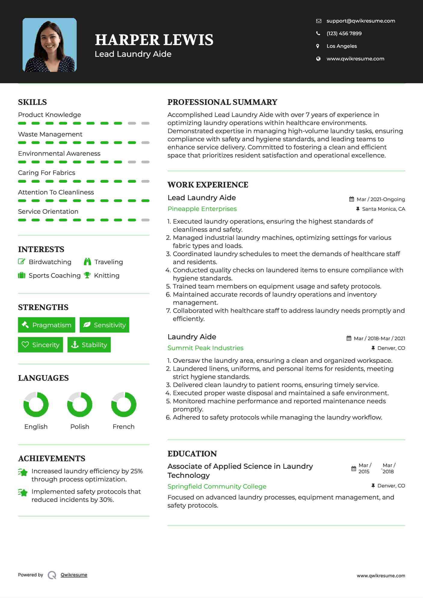Lead Laundry Aide Resume Sample