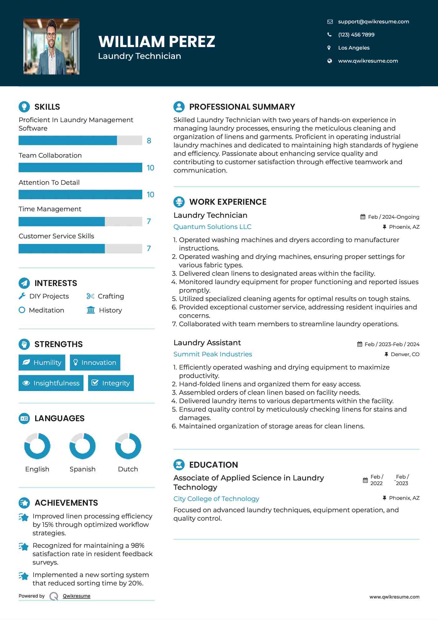 Laundry Technician Resume Example