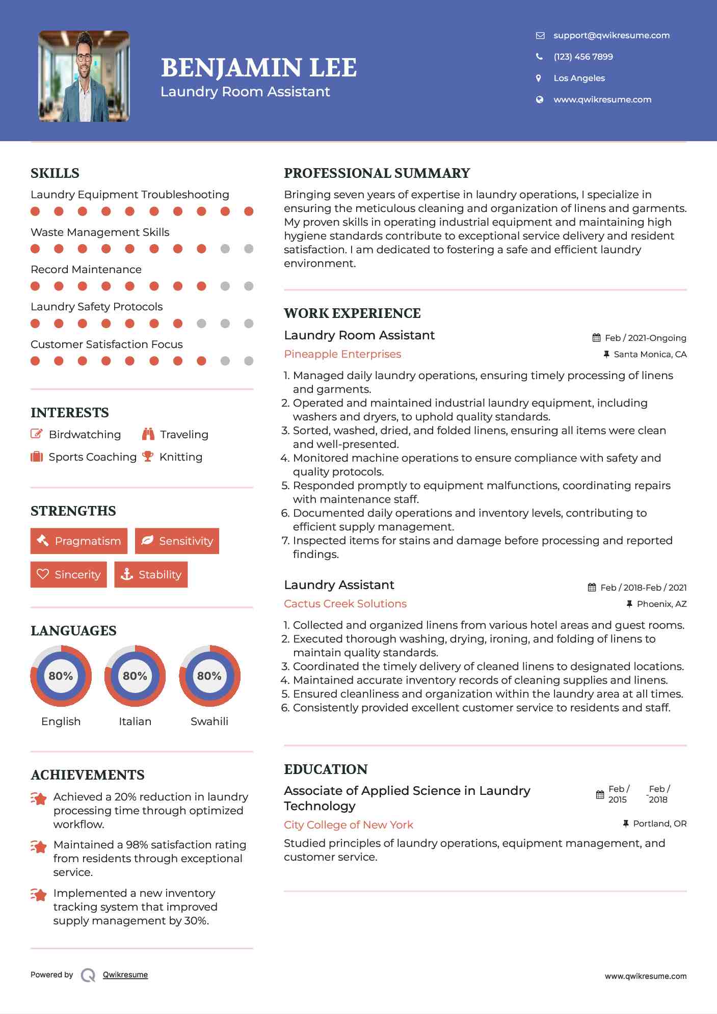 Laundry Room Assistant Resume Template