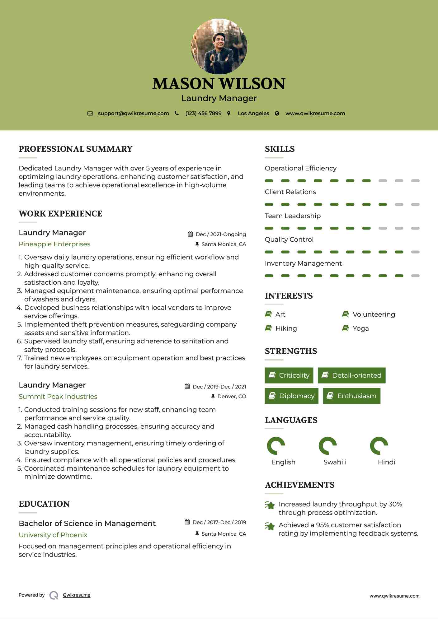 Laundry Manager Resume Sample