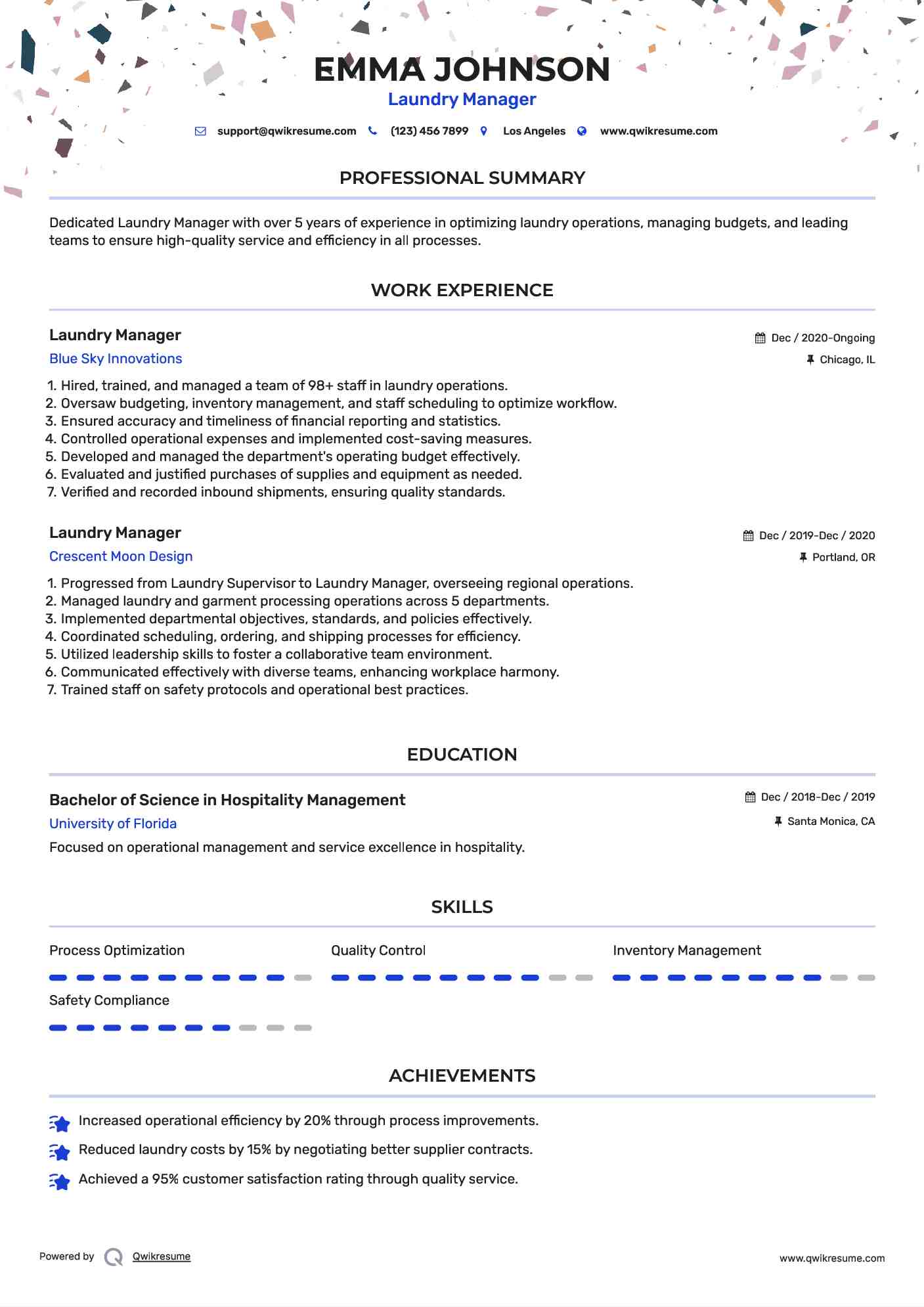 Laundry Manager Resume Example