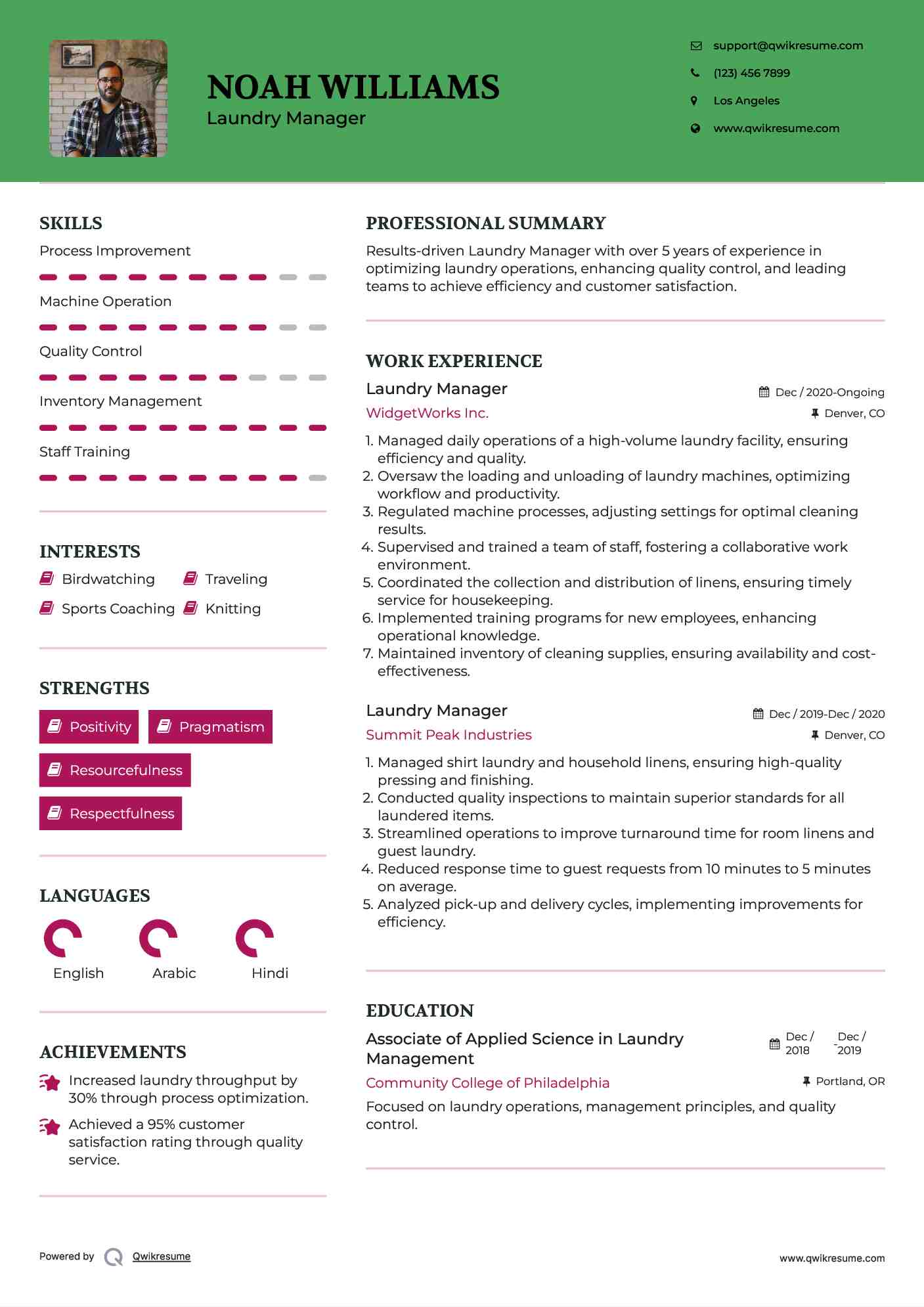 Laundry Manager Resume Example