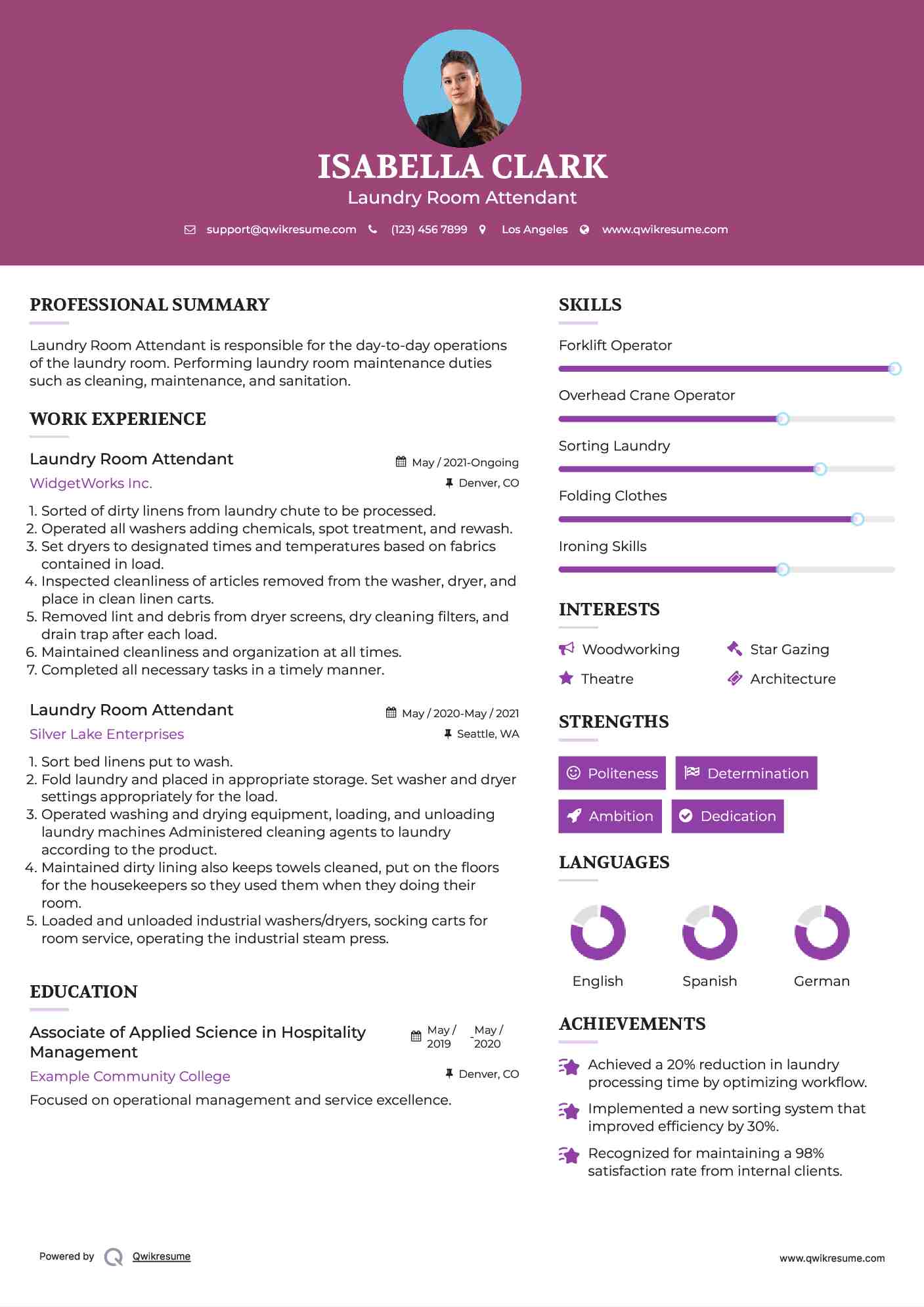 Laundry Room Attendant Resume Model