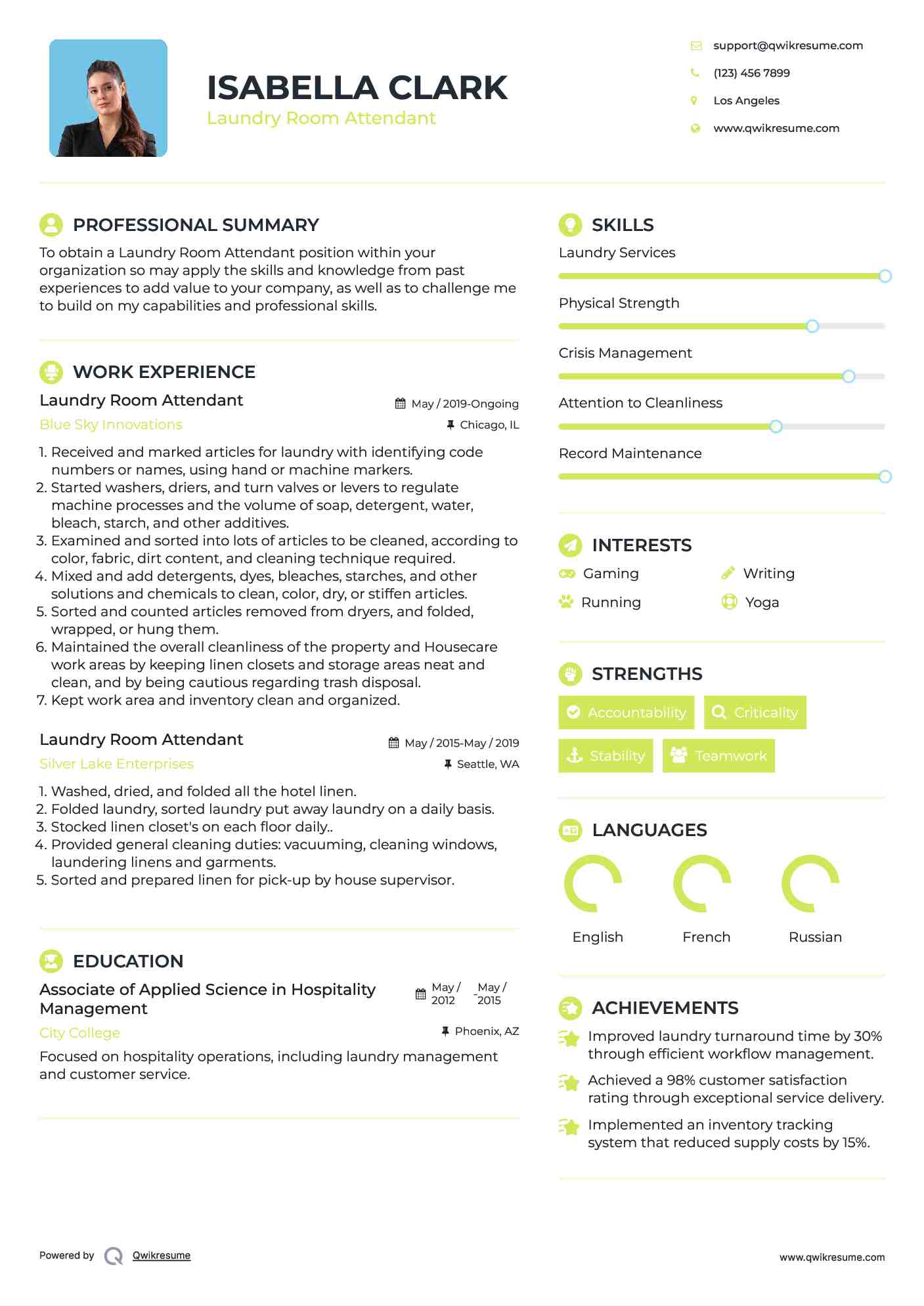 Laundry Room Attendant Resume Template