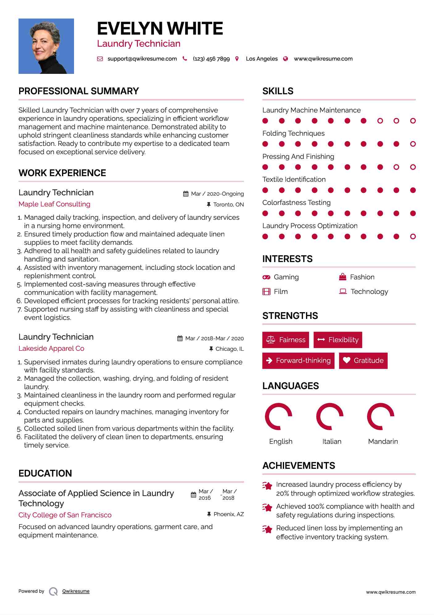 Laundry Technician Resume Sample