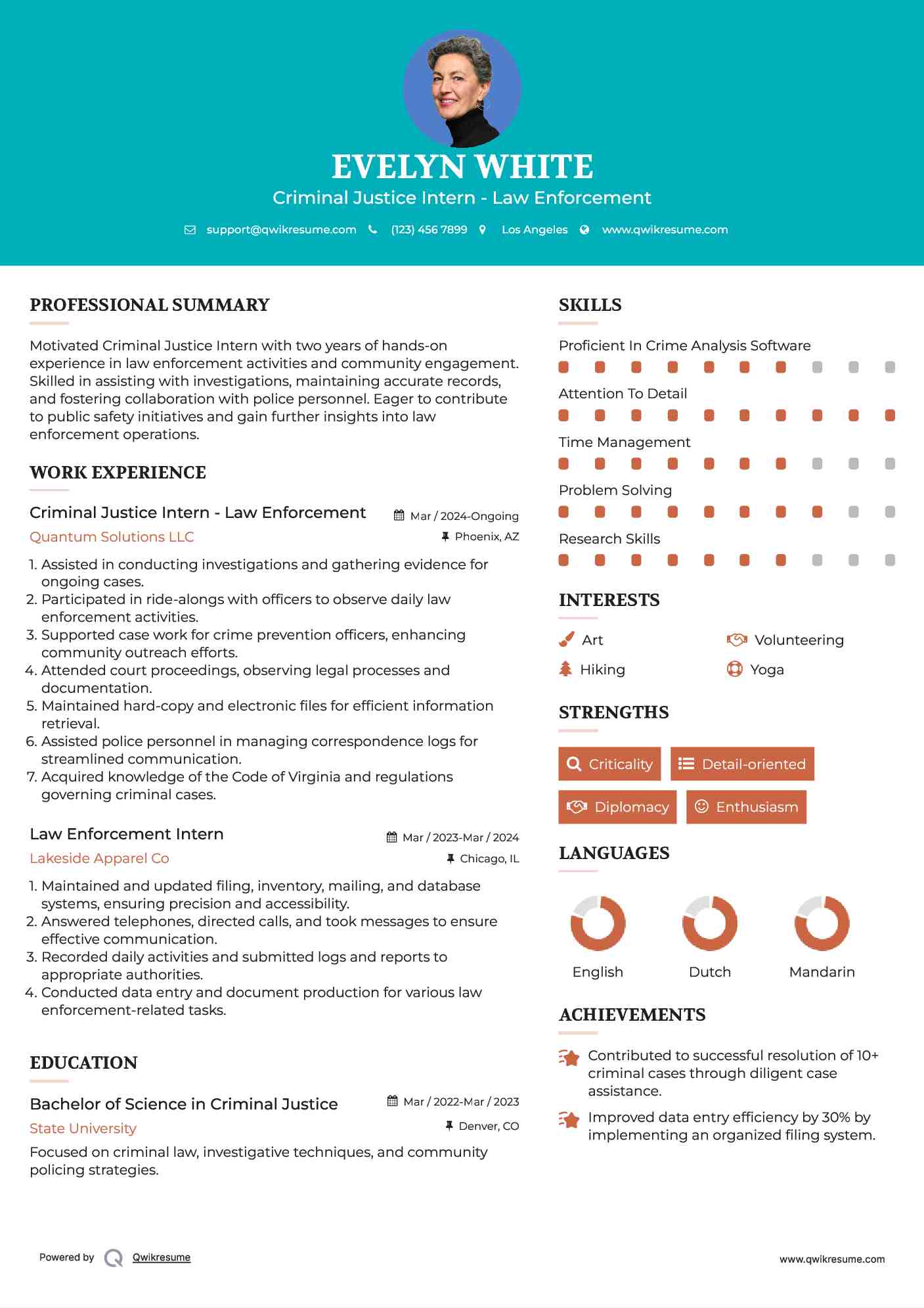 Criminal Justice Intern - Law Enforcement Resume Example