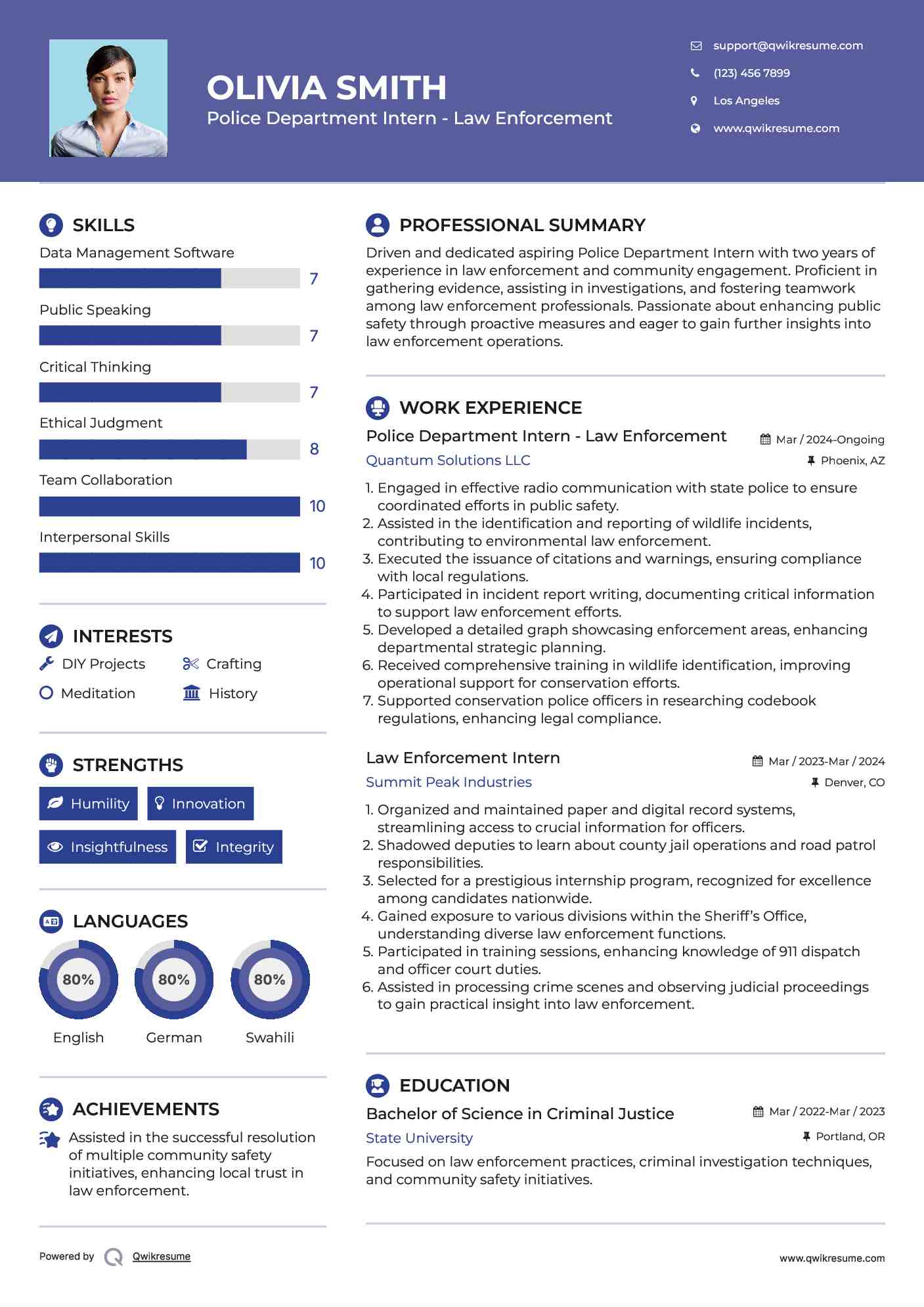 Police Department Intern - Law Enforcement Resume Template