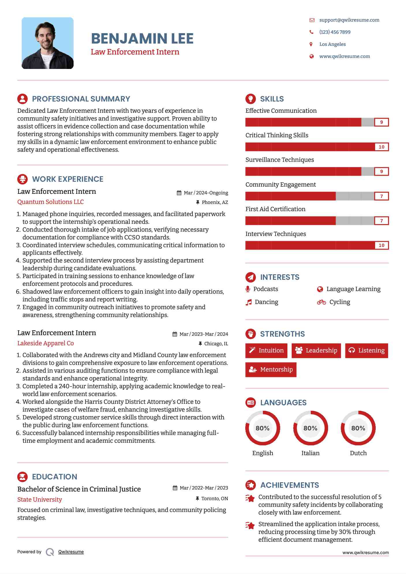 Law Enforcement Intern Resume Example