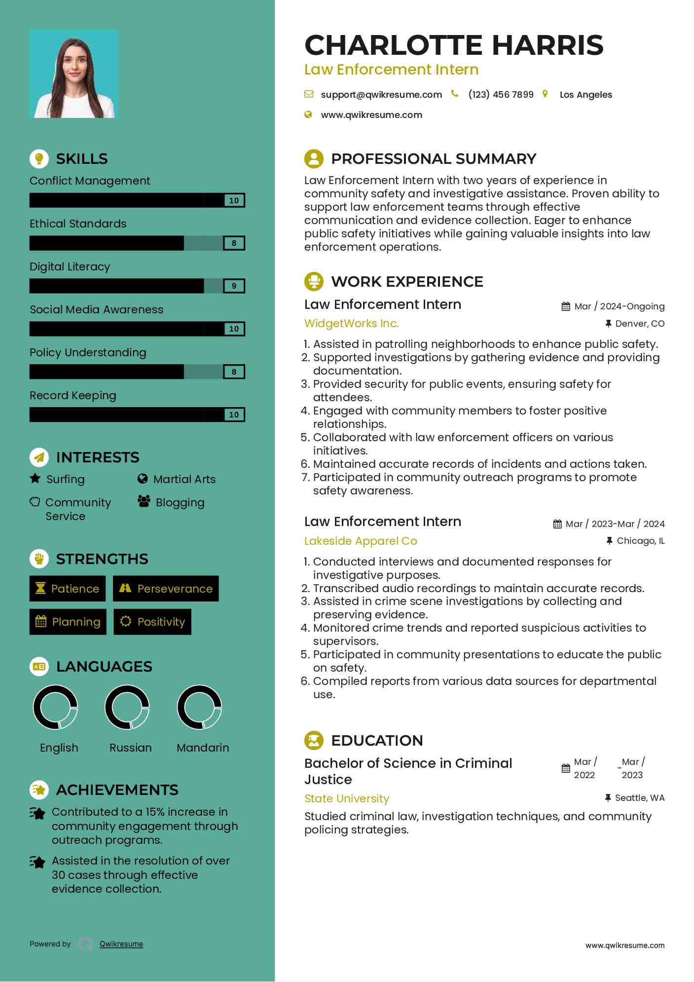 Law Enforcement Intern Resume Example