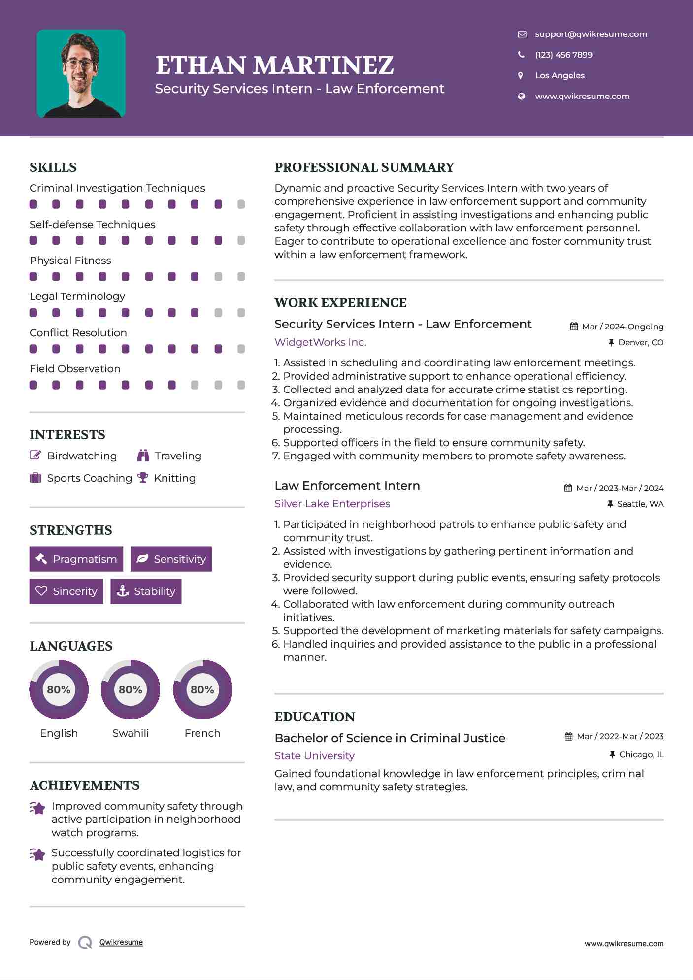 Security Services Intern - Law Enforcement Resume Format