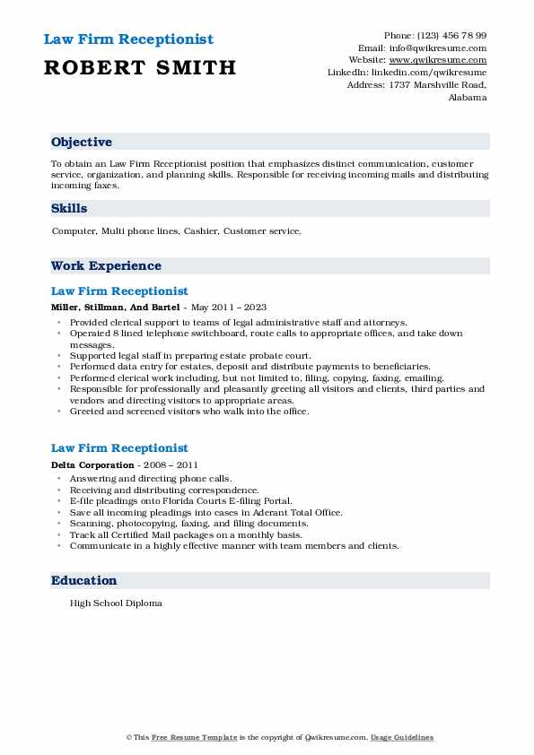Law Firm Receptionist Resume Samples QwikResume