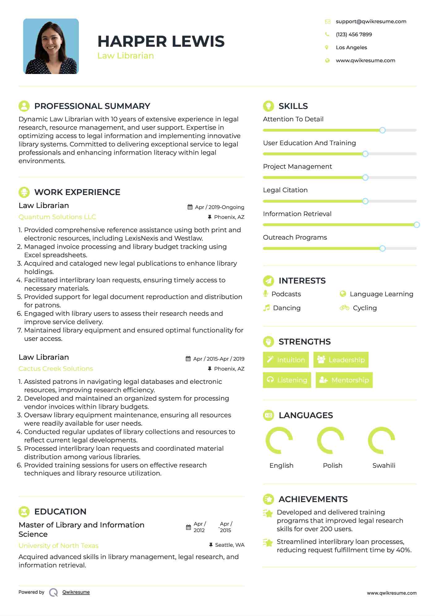 Law Librarian Resume Model