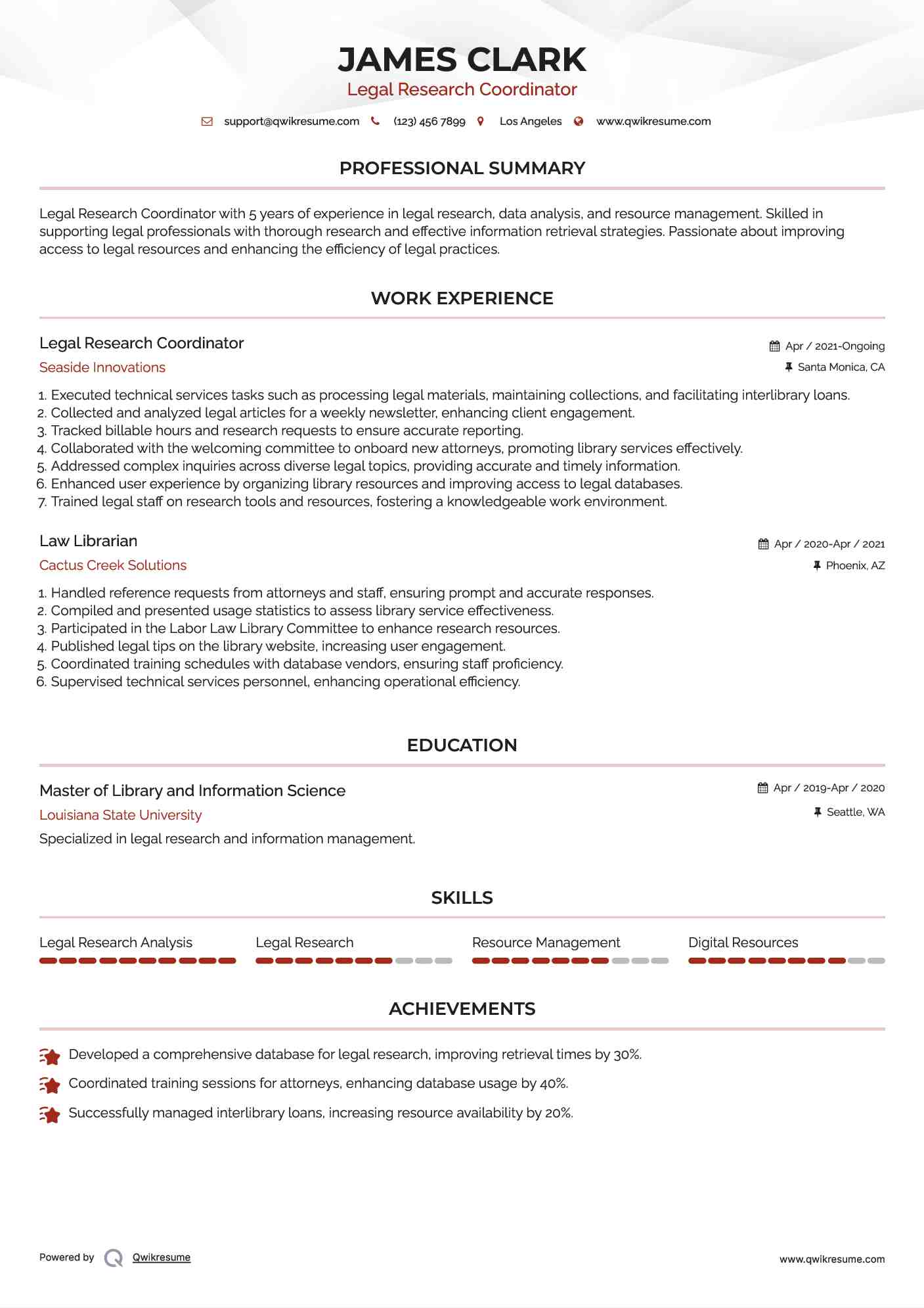 Legal Research Coordinator Resume Example