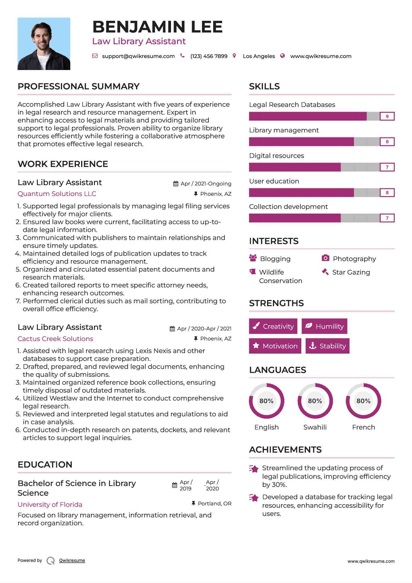 Law Library Assistant Resume Sample