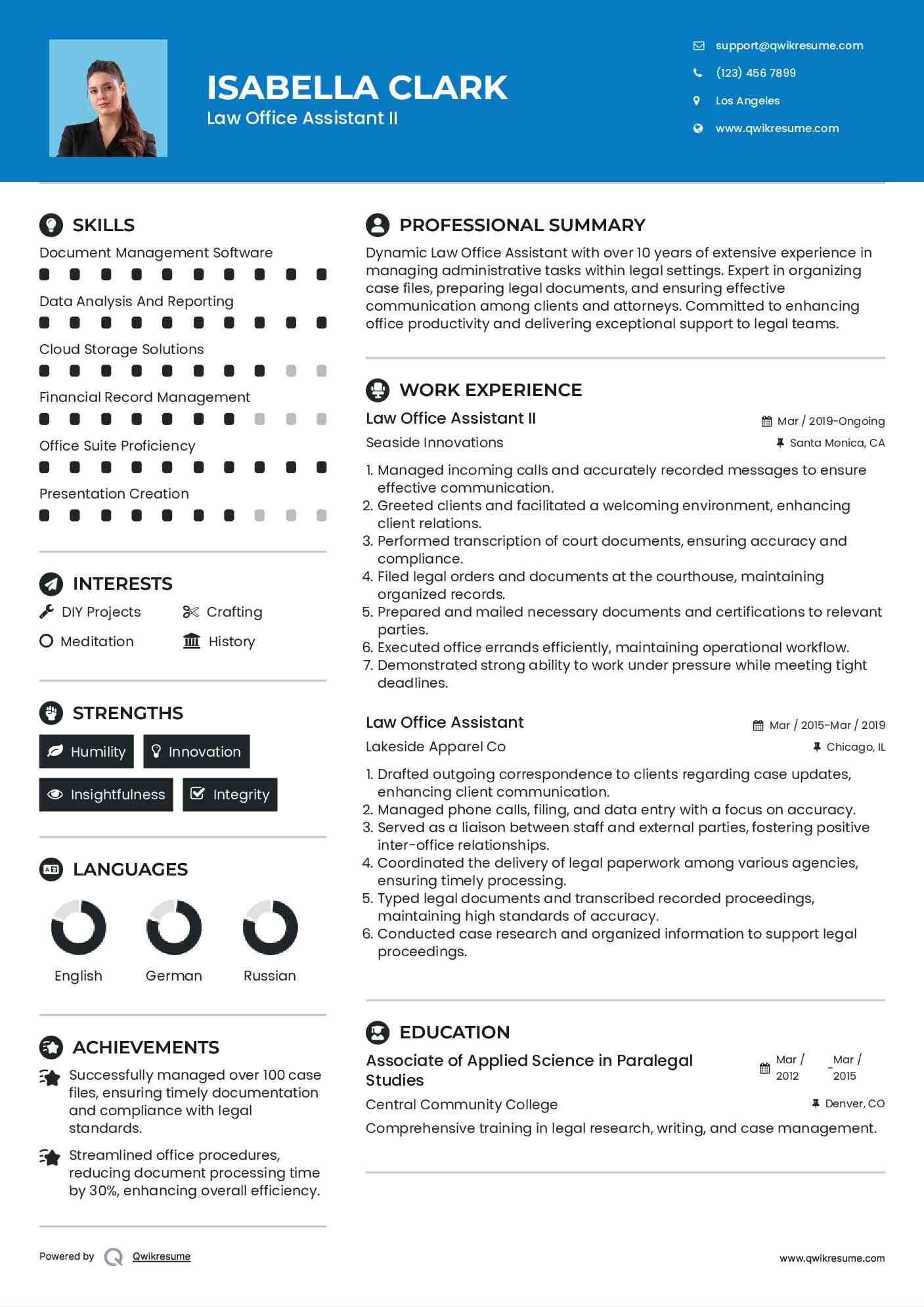 Law Office Assistant II Resume Template