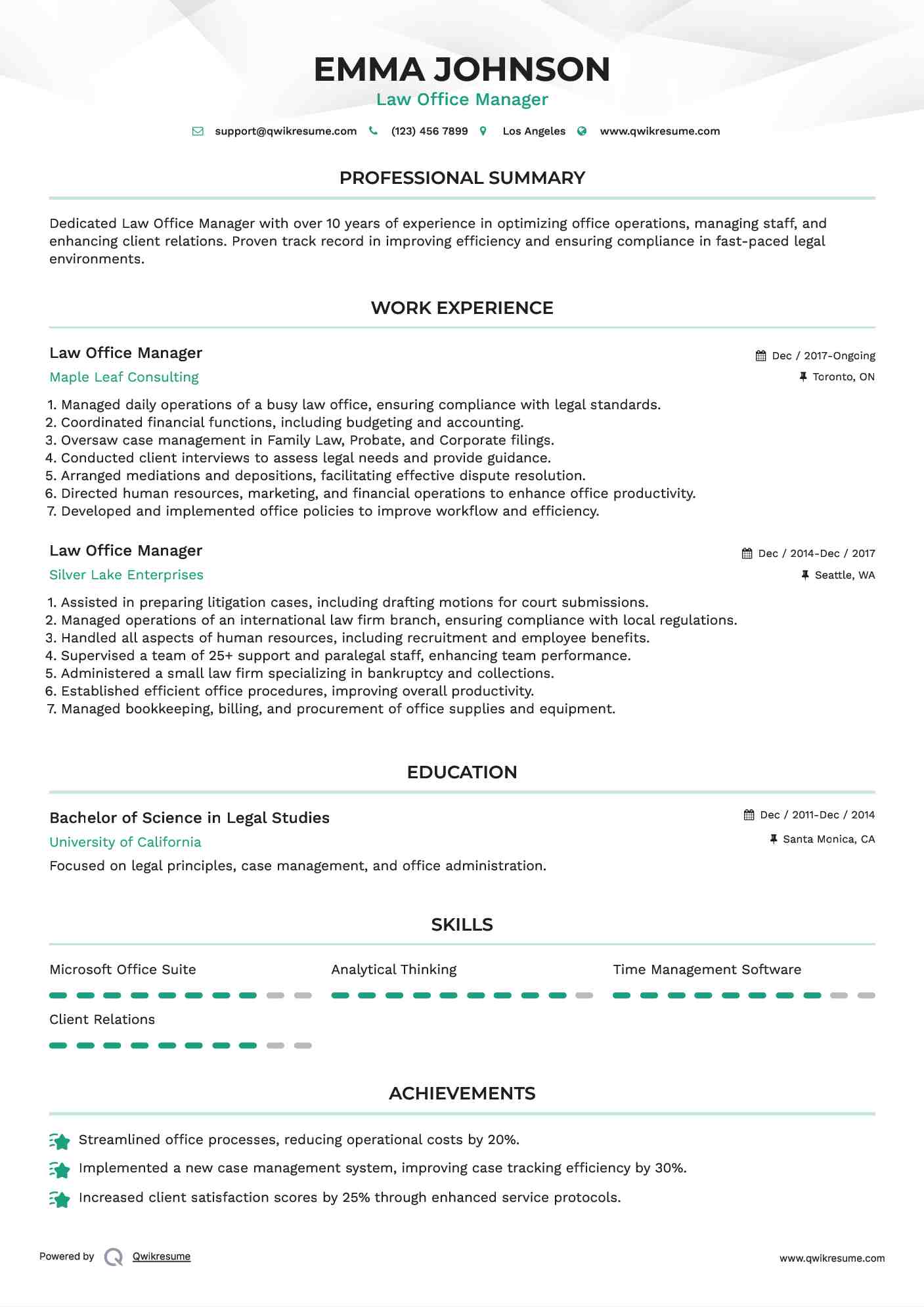 Law Office Manager Resume Template