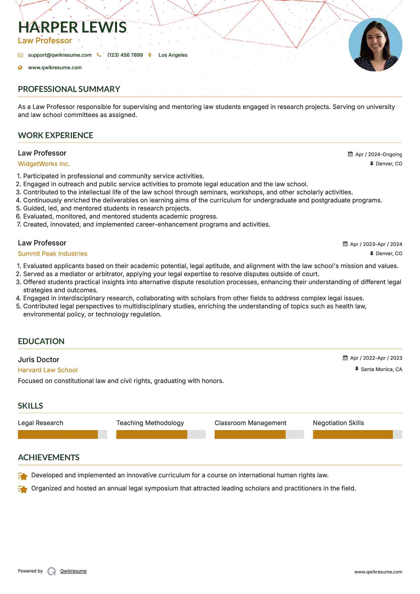 Law Professor Resume Sample