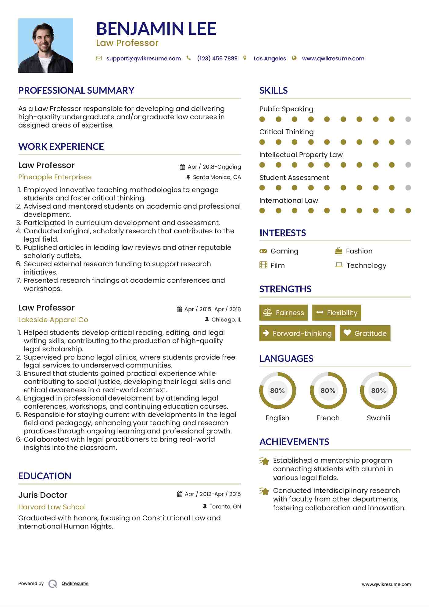 Law Professor Resume Sample