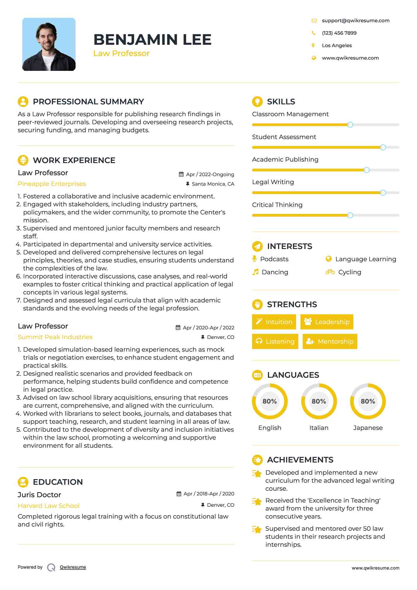 Law Professor Resume Example