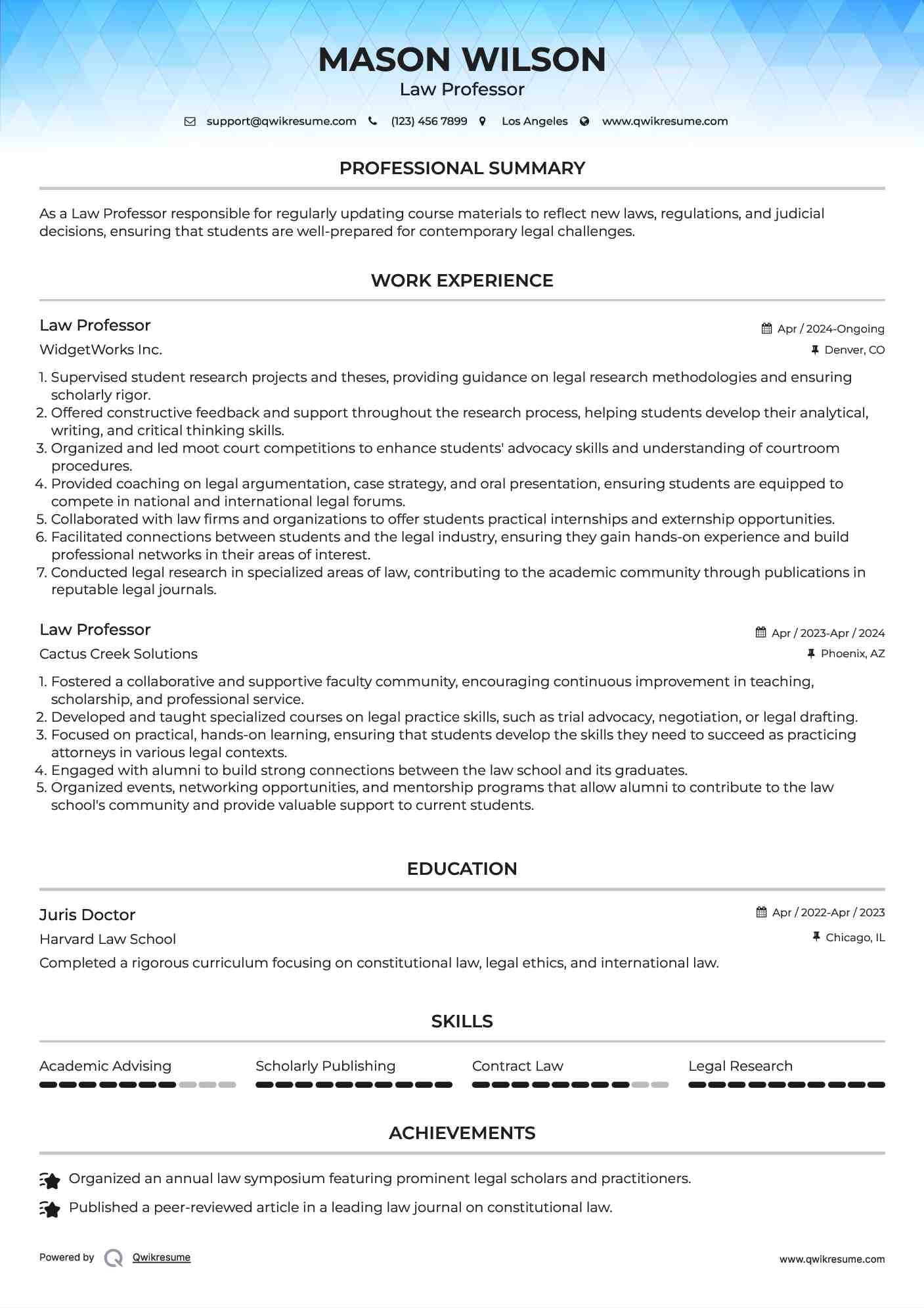 Law Professor Resume Example