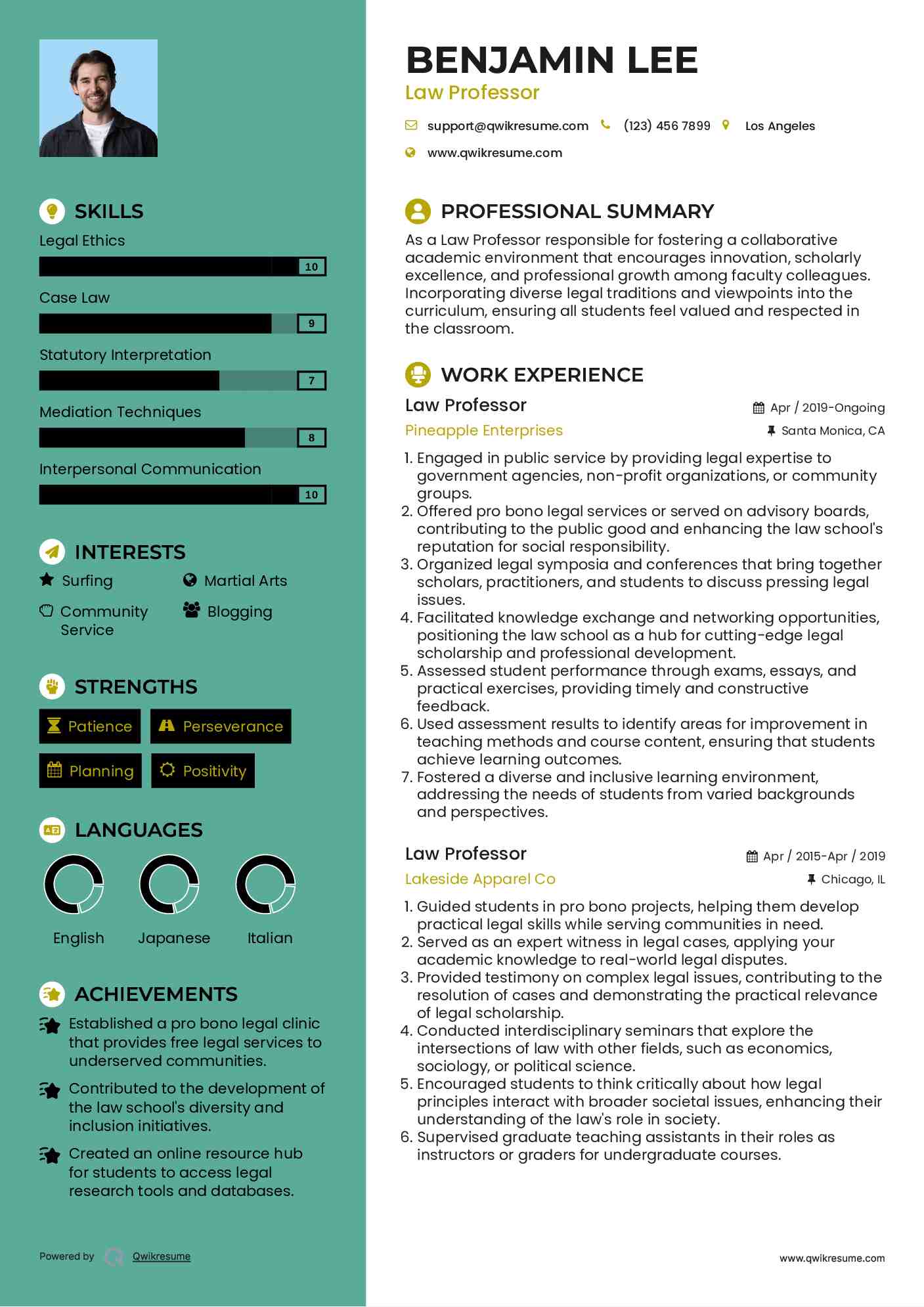 Law Professor Resume Sample