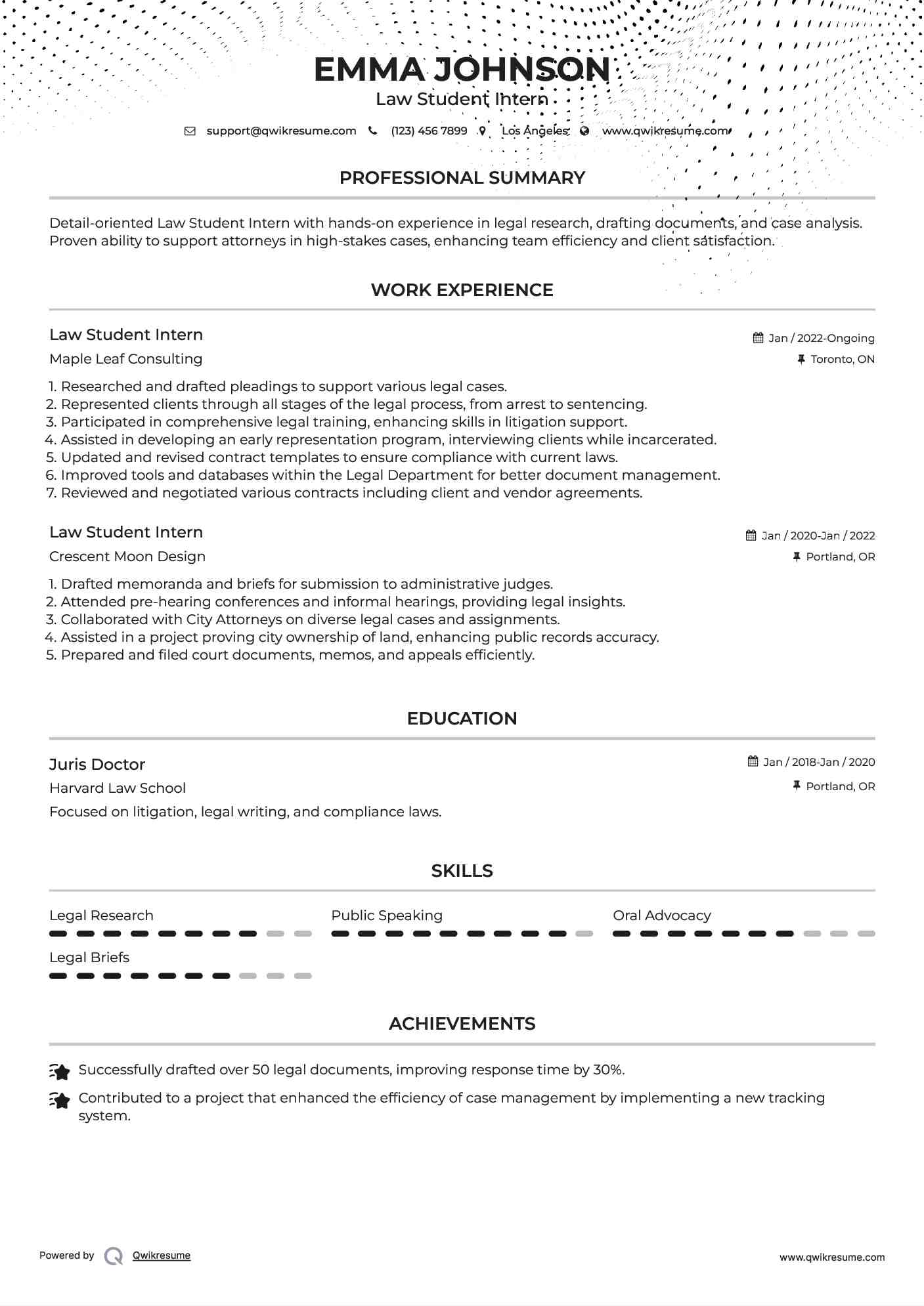 Law Student Intern Resume Sample