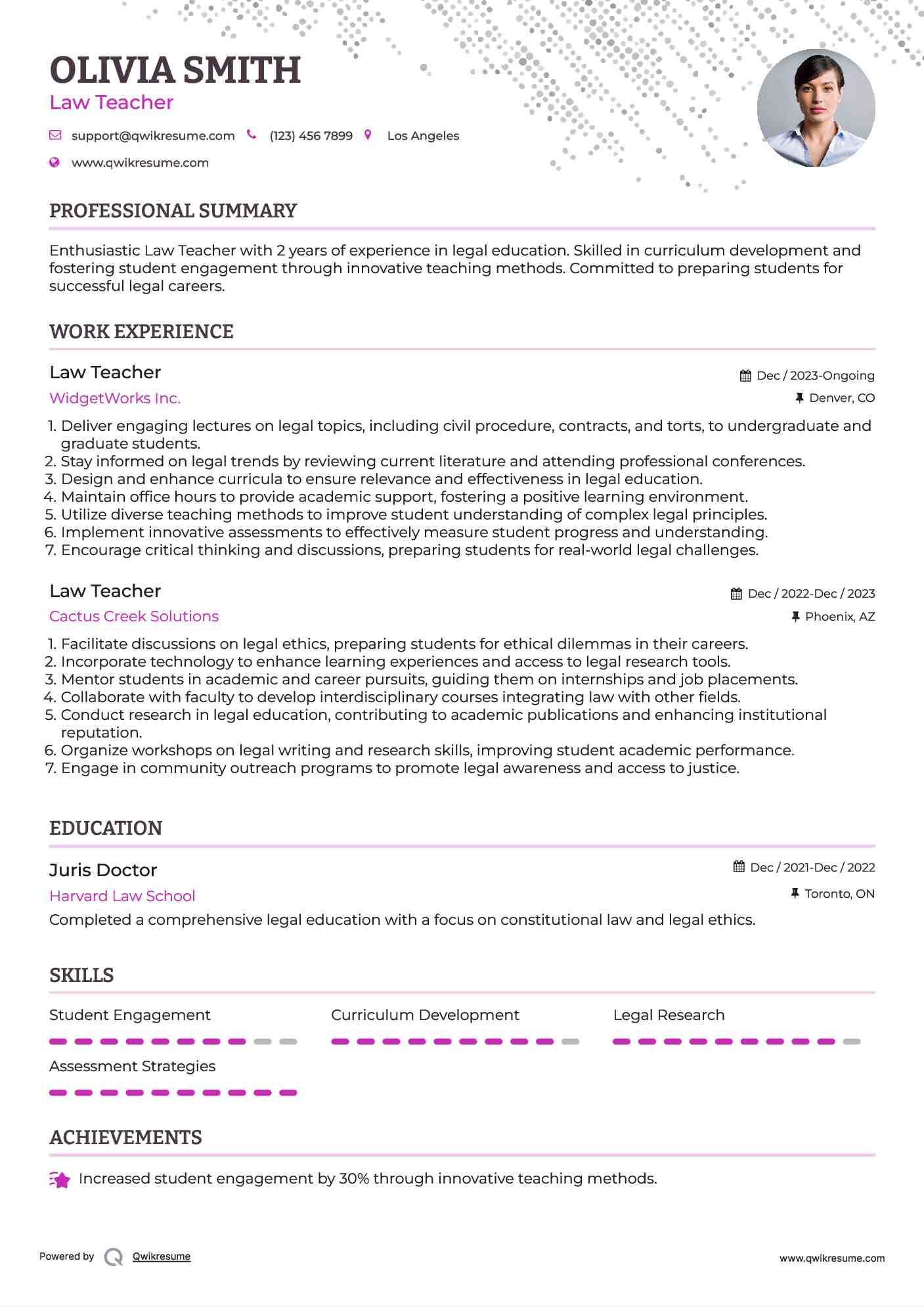 Law Teacher Resume Format