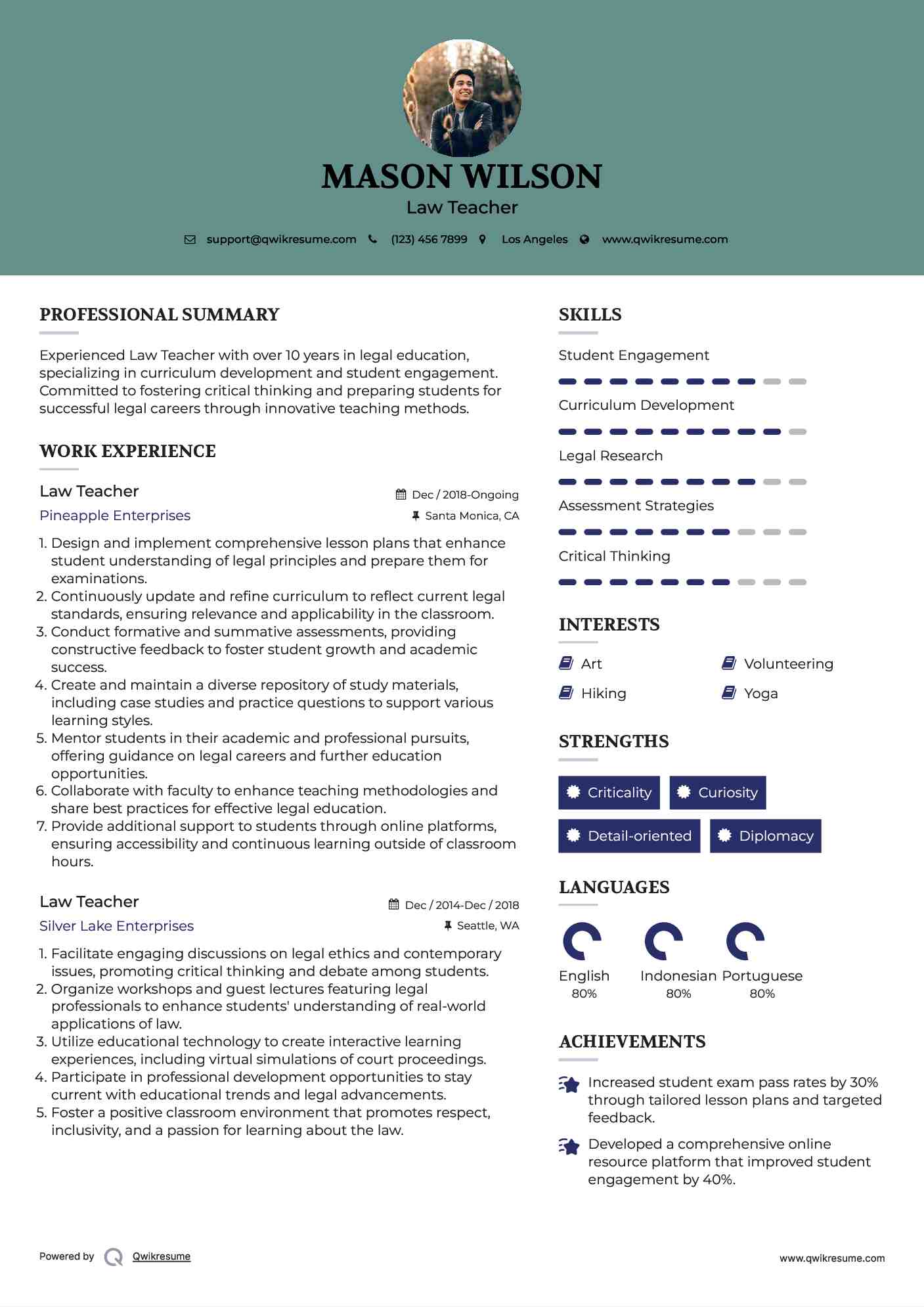 Law Teacher Resume Sample