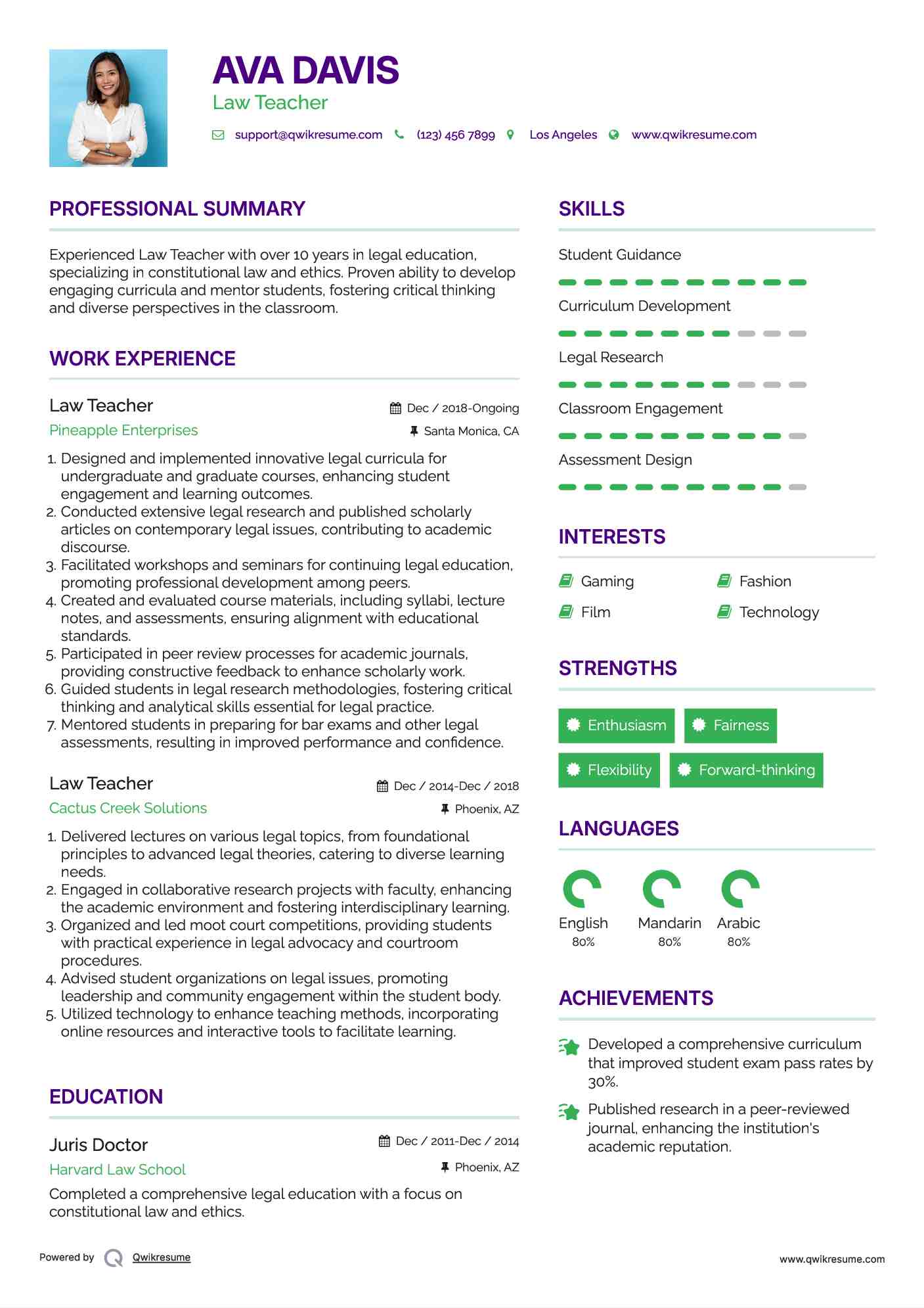 Law Teacher Resume Example