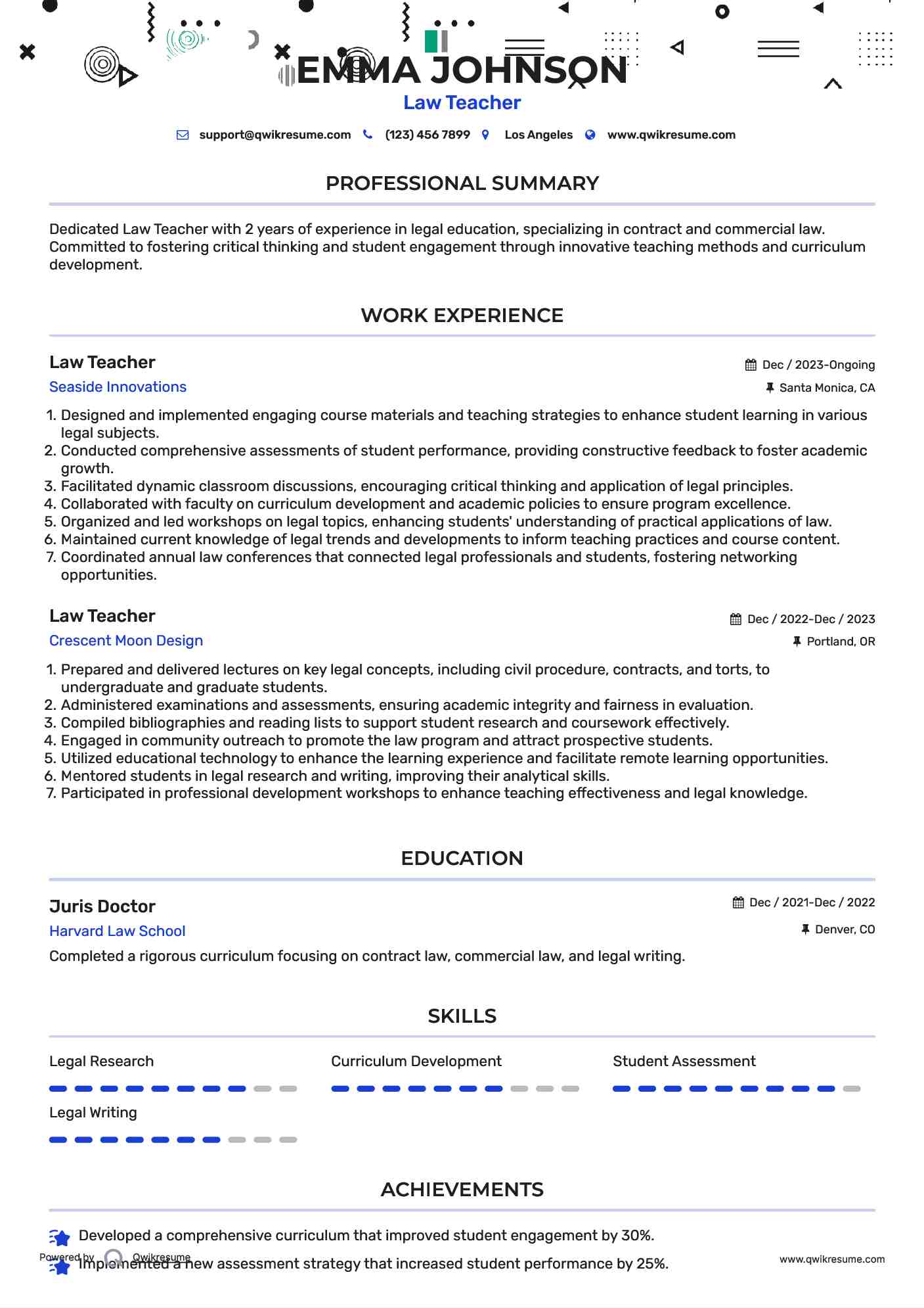 Law Teacher Resume Model
