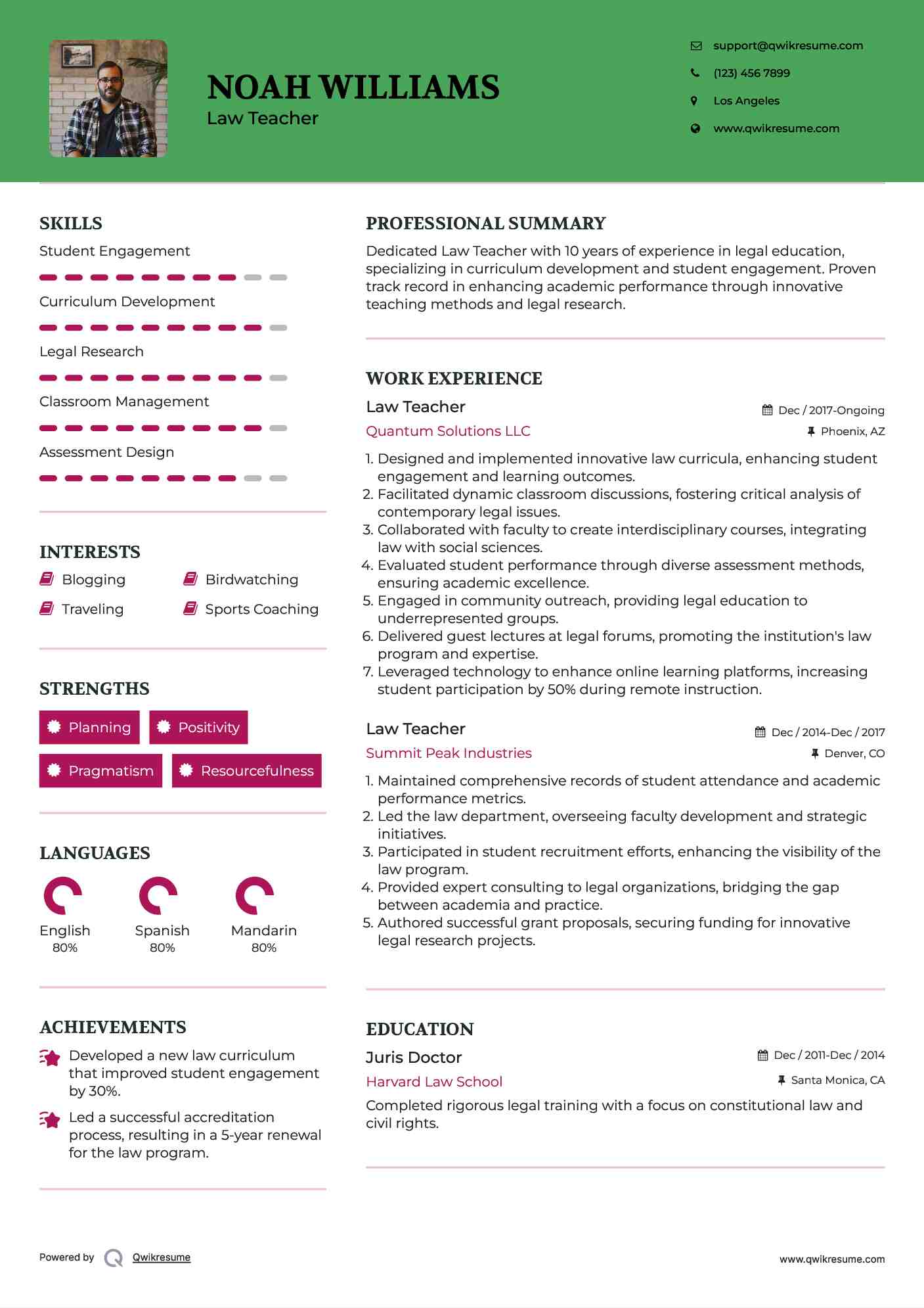 Law Teacher Resume Format