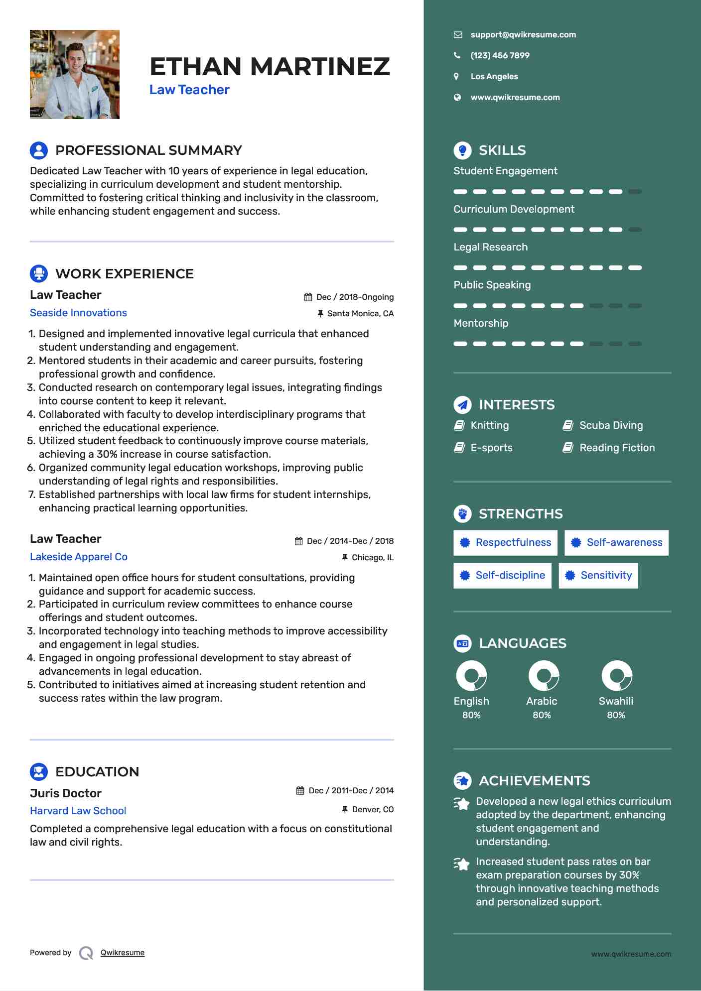 Law Teacher Resume Format