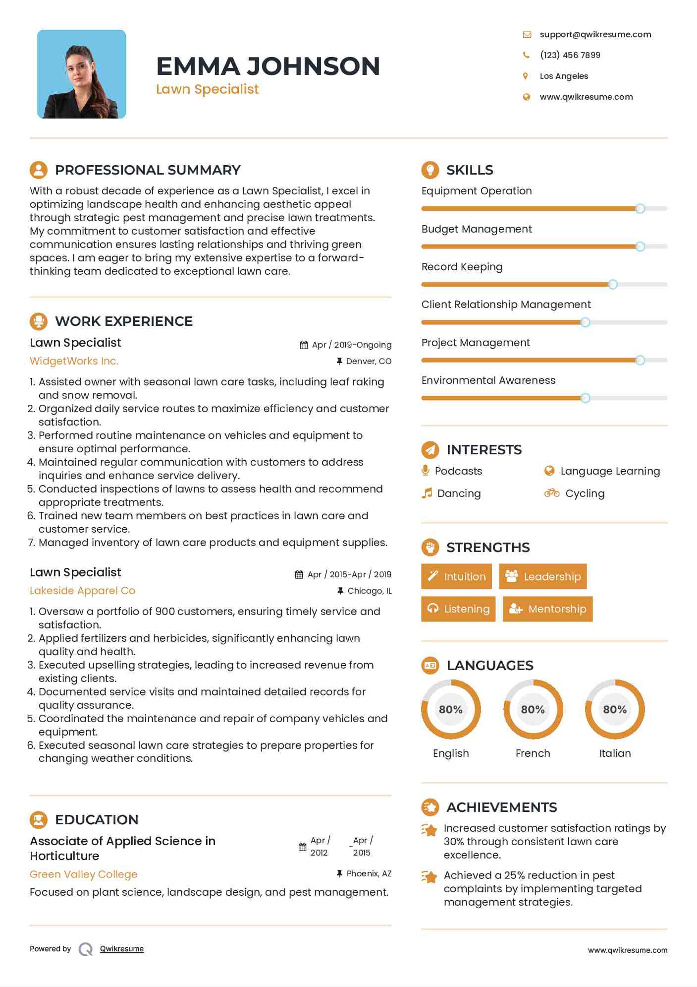 Lawn Specialist Resume Sample