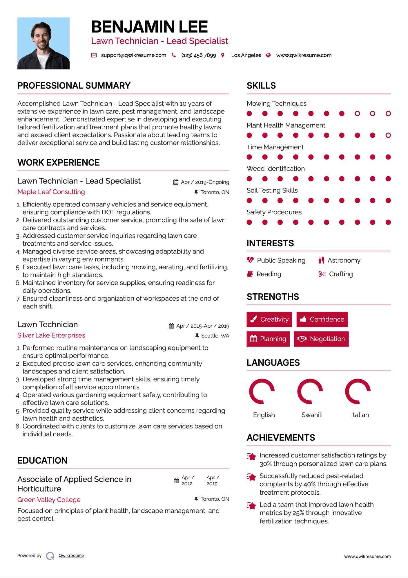 Lawn Technician - Lead Specialist Resume Template