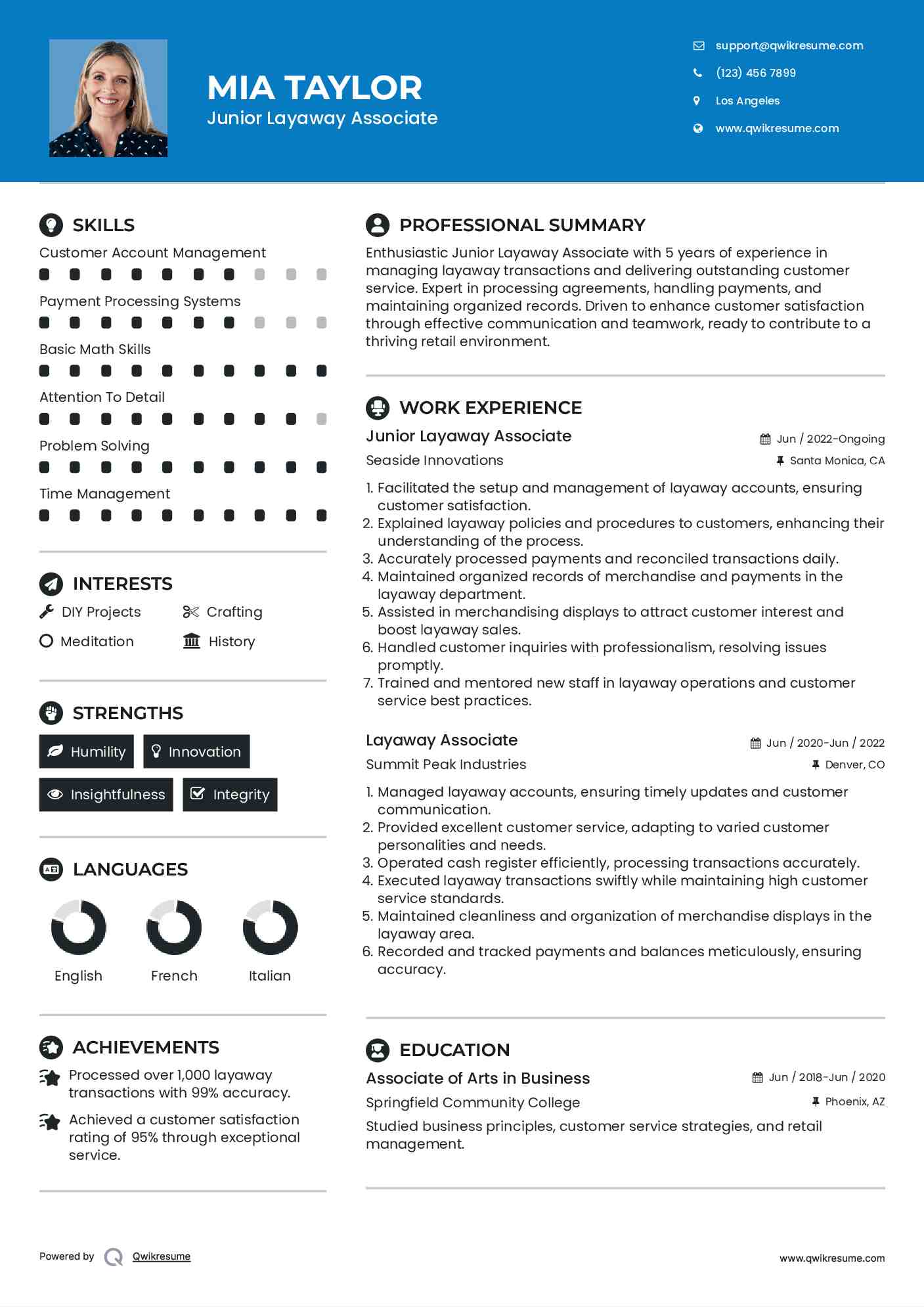 Junior Layaway Associate Resume Sample