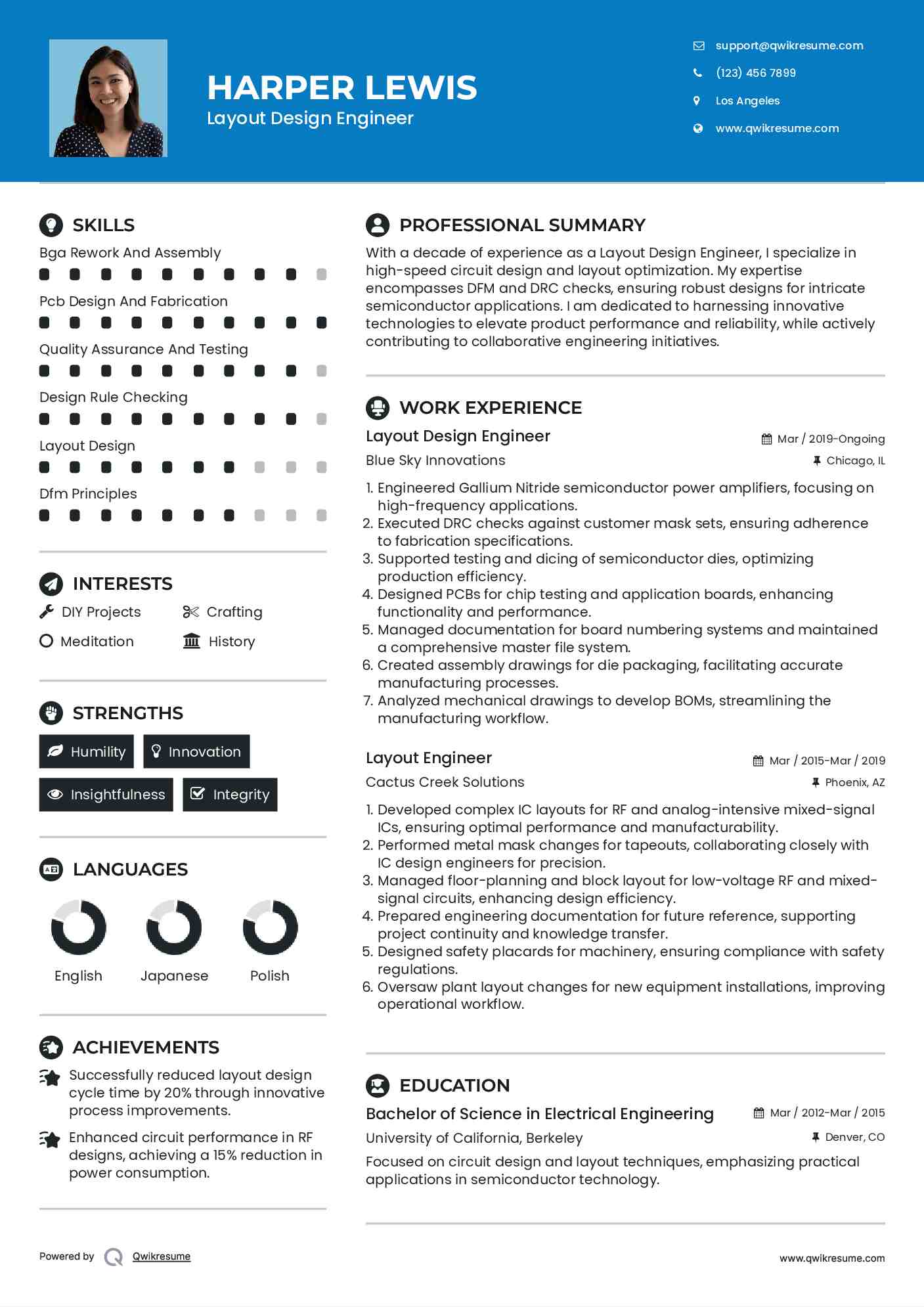 Layout Design Engineer Resume Sample