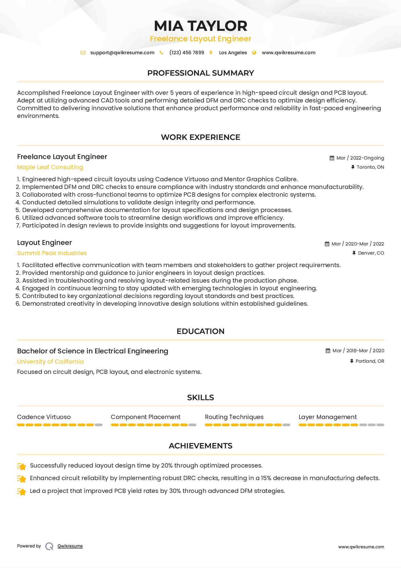 Freelance Layout Engineer Resume Format